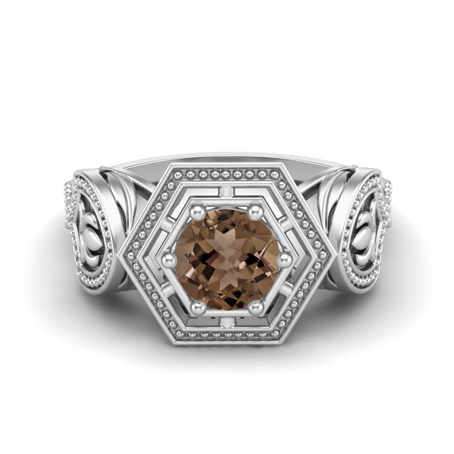 Smoky Quartz 0.75 Ct Round Hexagon Vintage Ring – 14K Yellow Gold