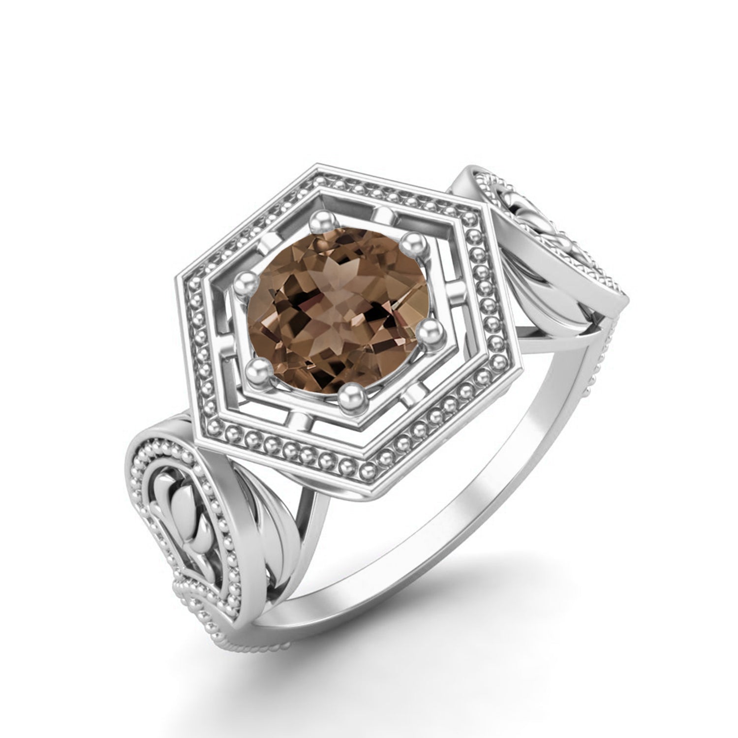 Smoky Quartz 0.75 Ct Round Hexagon Vintage Ring – 14K Yellow Gold