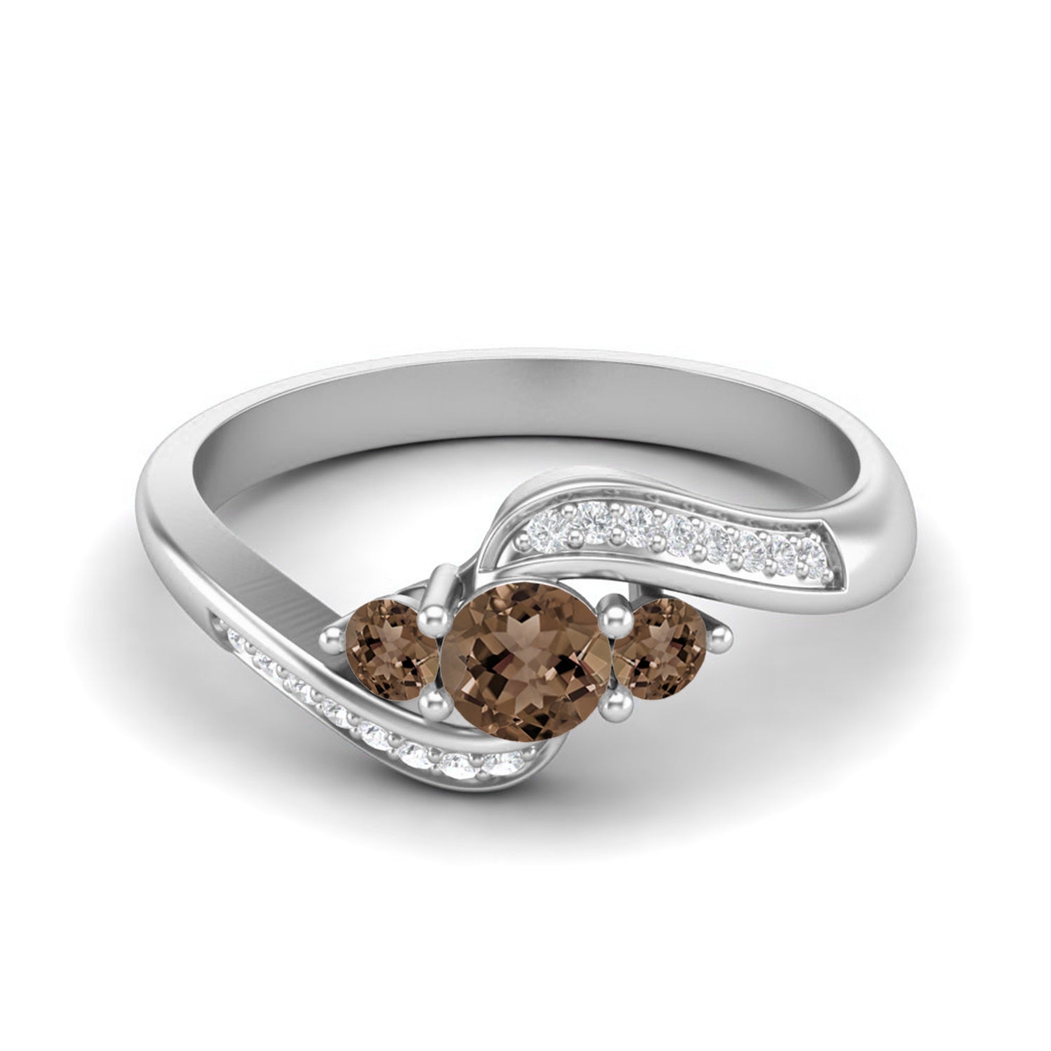Smoky Quartz 0.45 Ct Round Triple Stone Swirl Ring - 14K Yellow Gold