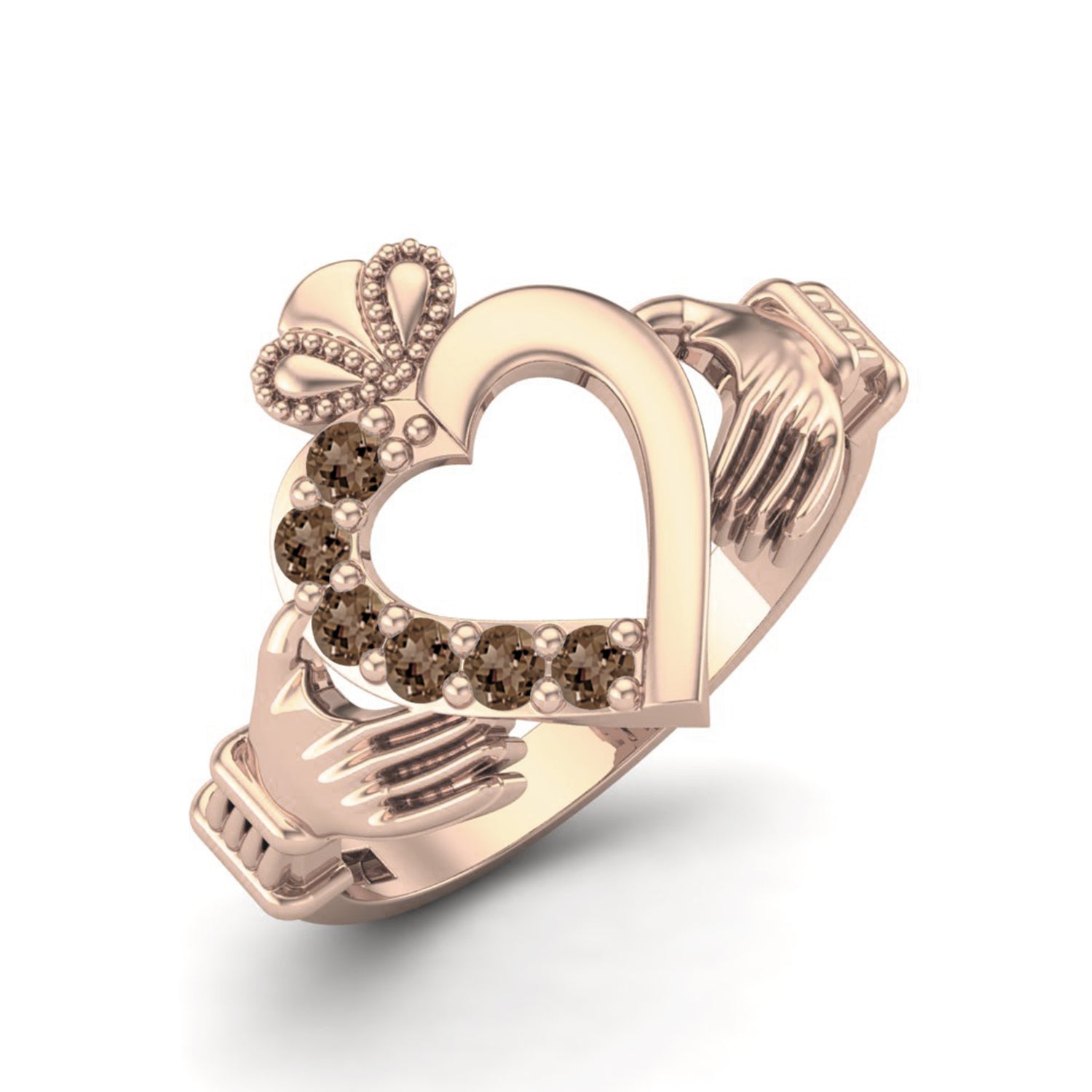 Smoky Quartz 0.60 Ct Round Claddagh Heart Design Ring – 14K Yellow Gold