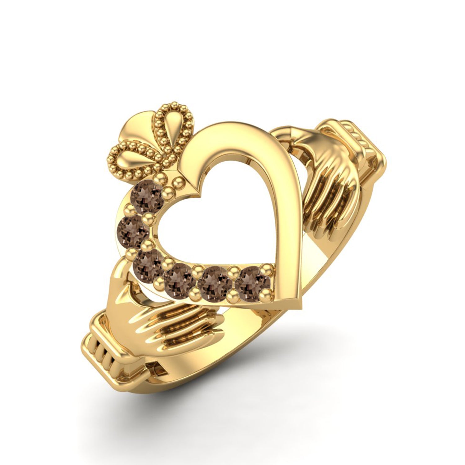 Smoky Quartz 0.60 Ct Round Claddagh Heart Design Ring – 14K Yellow Gold