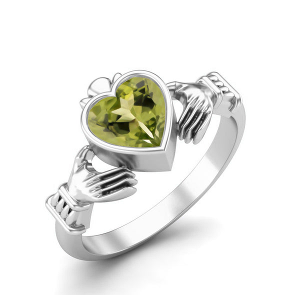 Irish Claddagh Heart Shaped Peridot Wedding Ring 925 Sterling Silver Solitaire Promise Ring