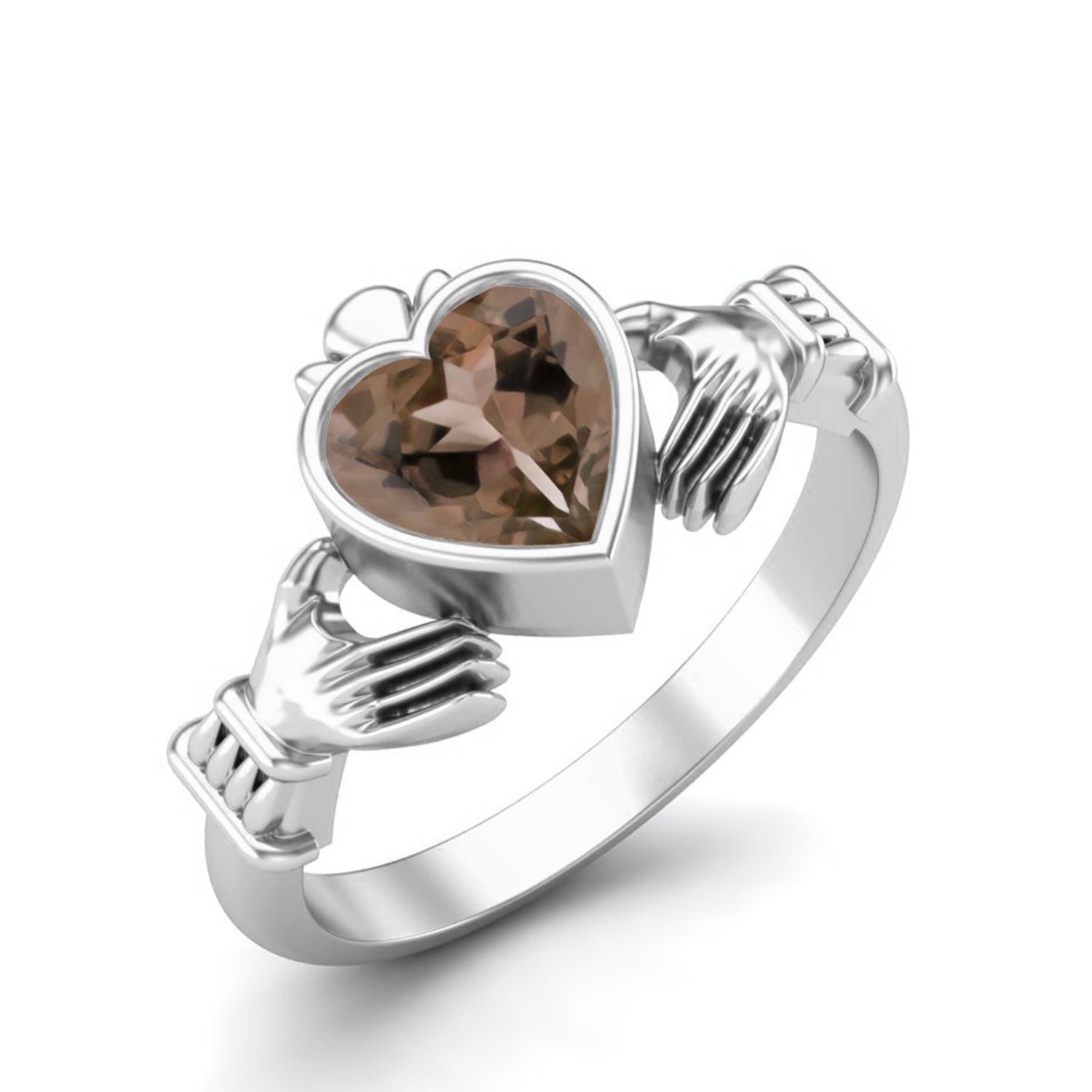 Smoky Quartz 0.75 Ct Heart Shape Claddagh Design Ring – 14K Yellow Gold