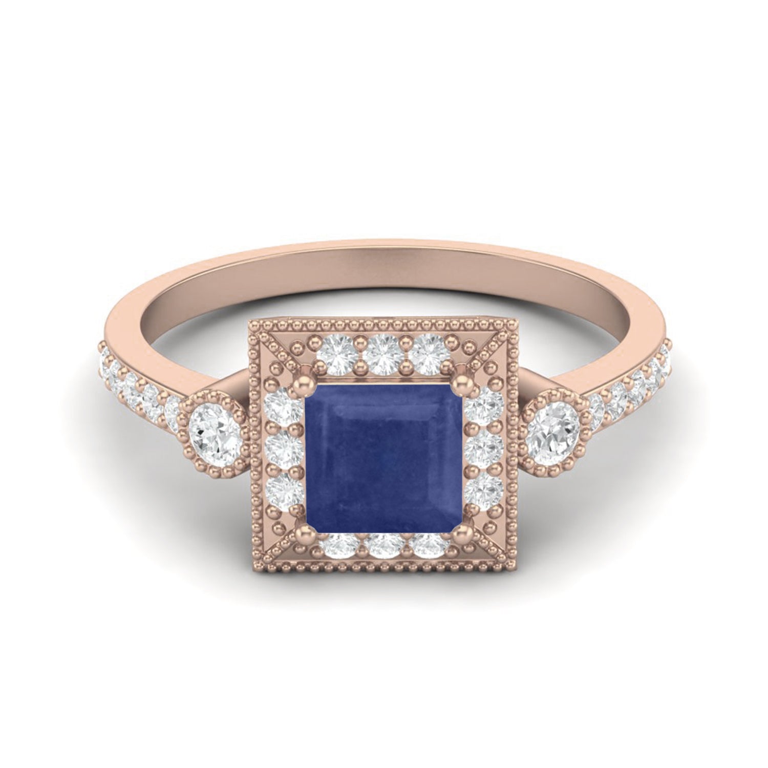 Blue Sapphire 0.75 Ct Cushion Halo Accents Ring - 14k Yellow Gold
