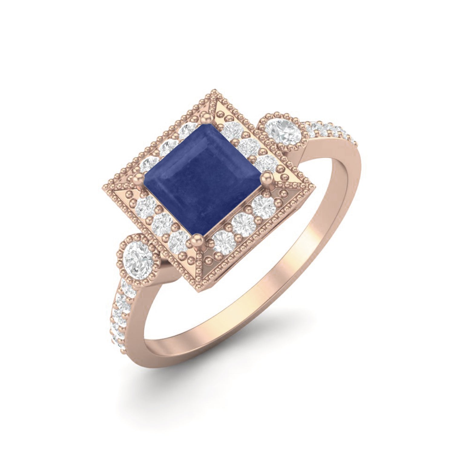 Blue Sapphire 0.75 Ct Cushion Halo Accents Ring - 14k Yellow Gold
