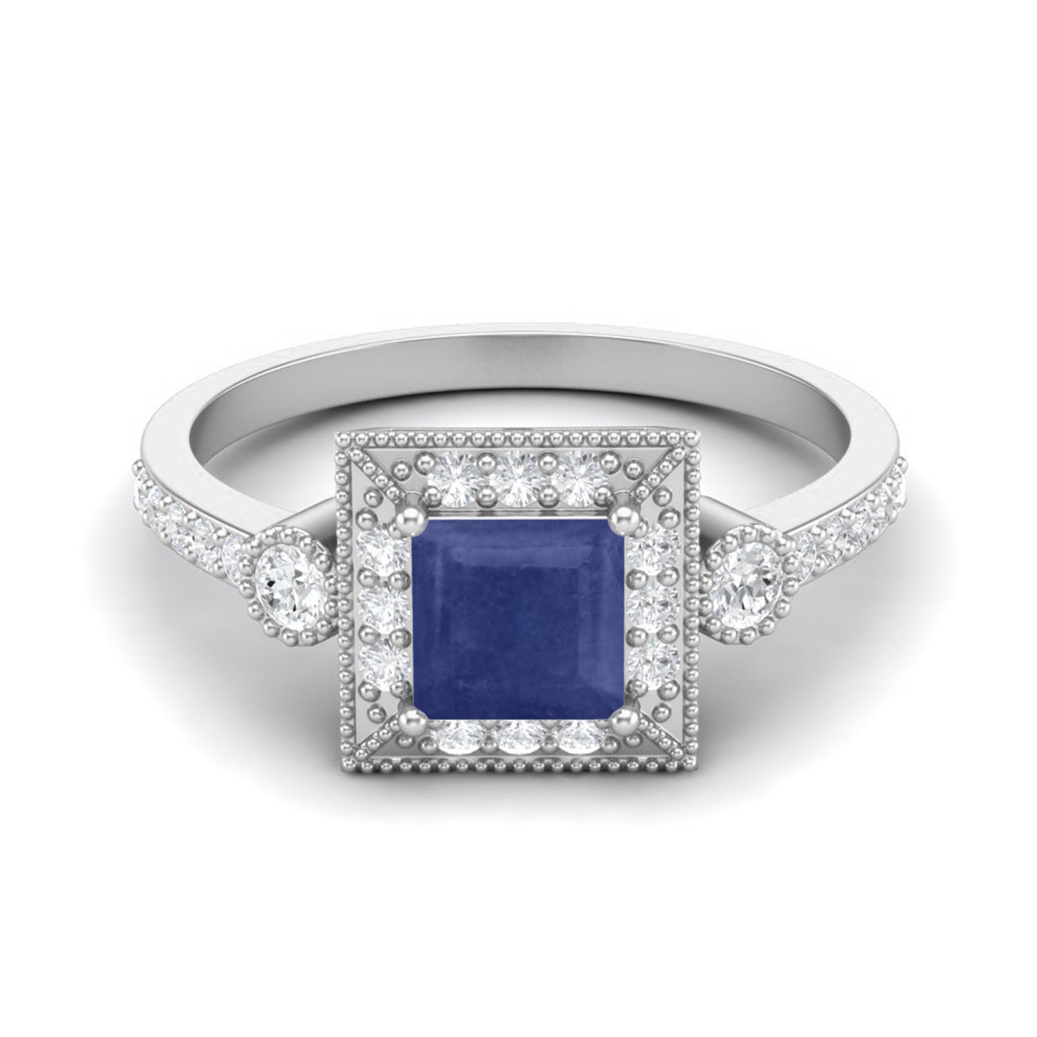 Blue Sapphire Statement Halo Ring – Sterling Silver