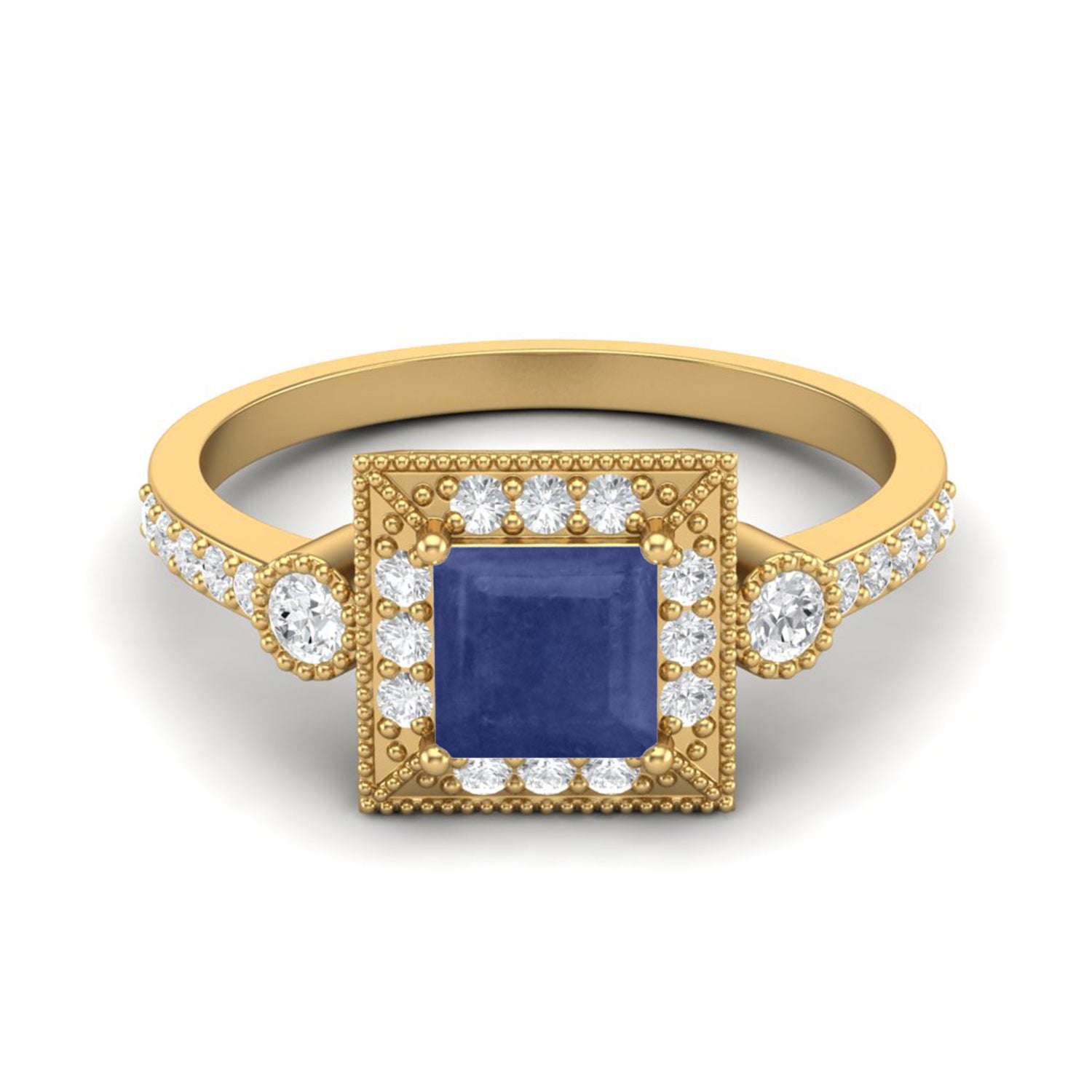 Blue Sapphire 0.75 Ct Cushion Halo Accents Ring - 14k Yellow Gold