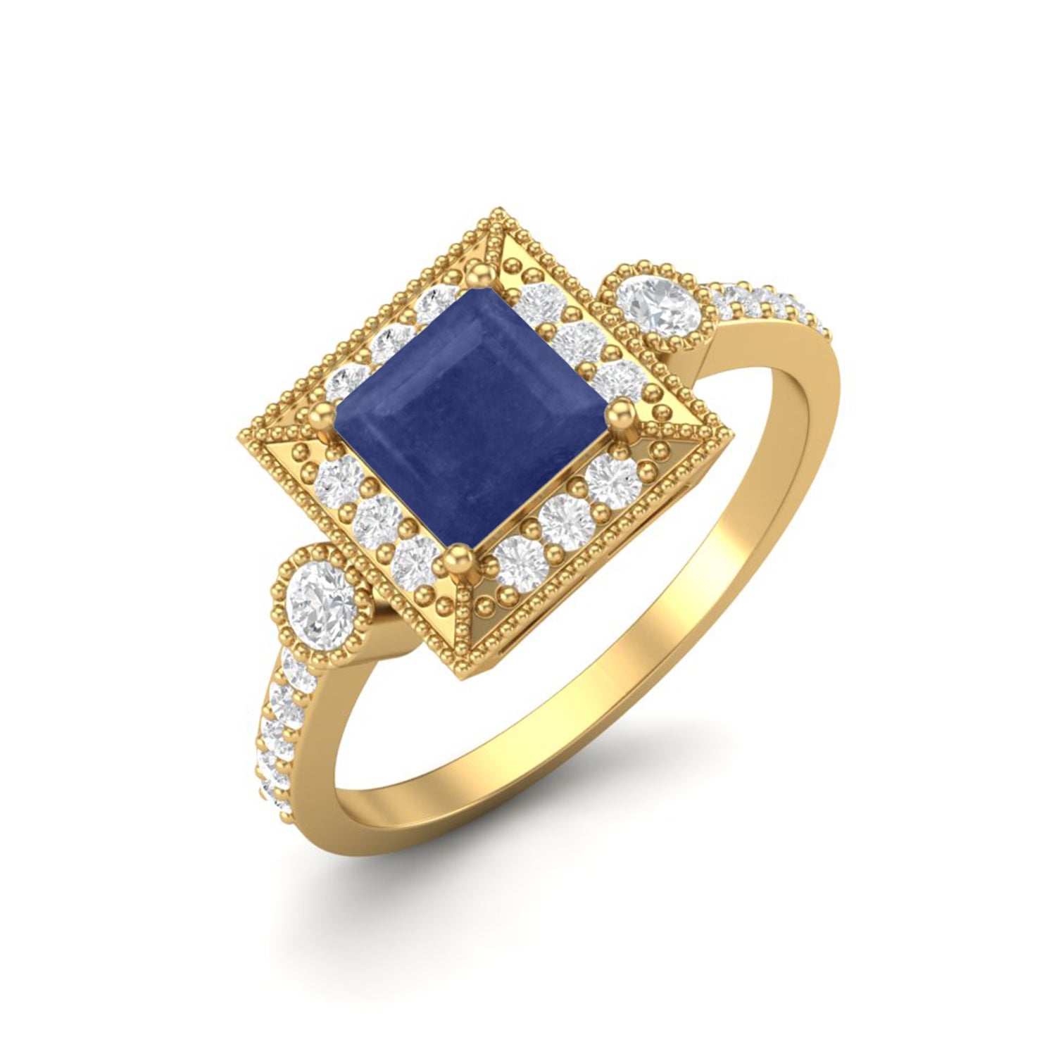 Blue Sapphire 0.75 Ct Cushion Halo Accents Ring - 14k Yellow Gold