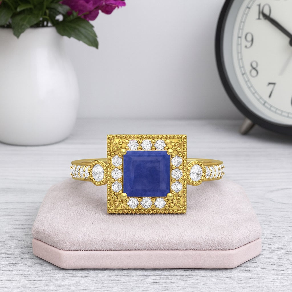 Blue Sapphire 0.75 Ct Cushion Halo Accents Ring - 14k Yellow Gold