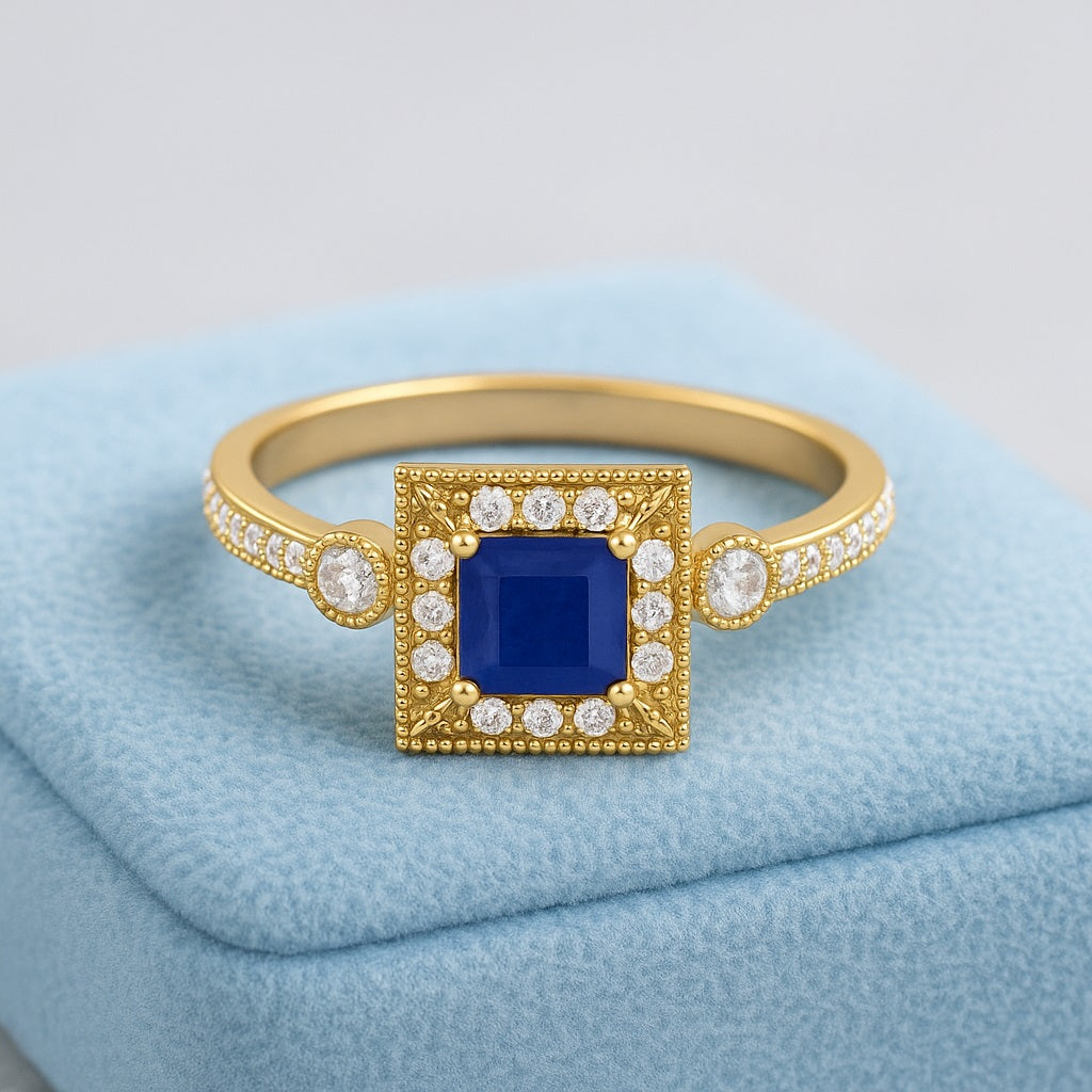 Blue Sapphire 0.75 Ct Cushion Halo Accents Ring - 14k Yellow Gold
