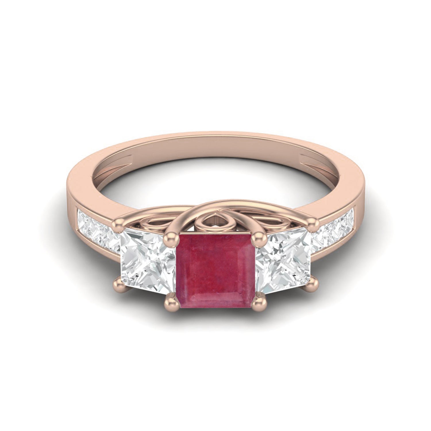 Ruby 0.75 Ct Square Three-Stone Accent Ring - 14k Yellow Gold