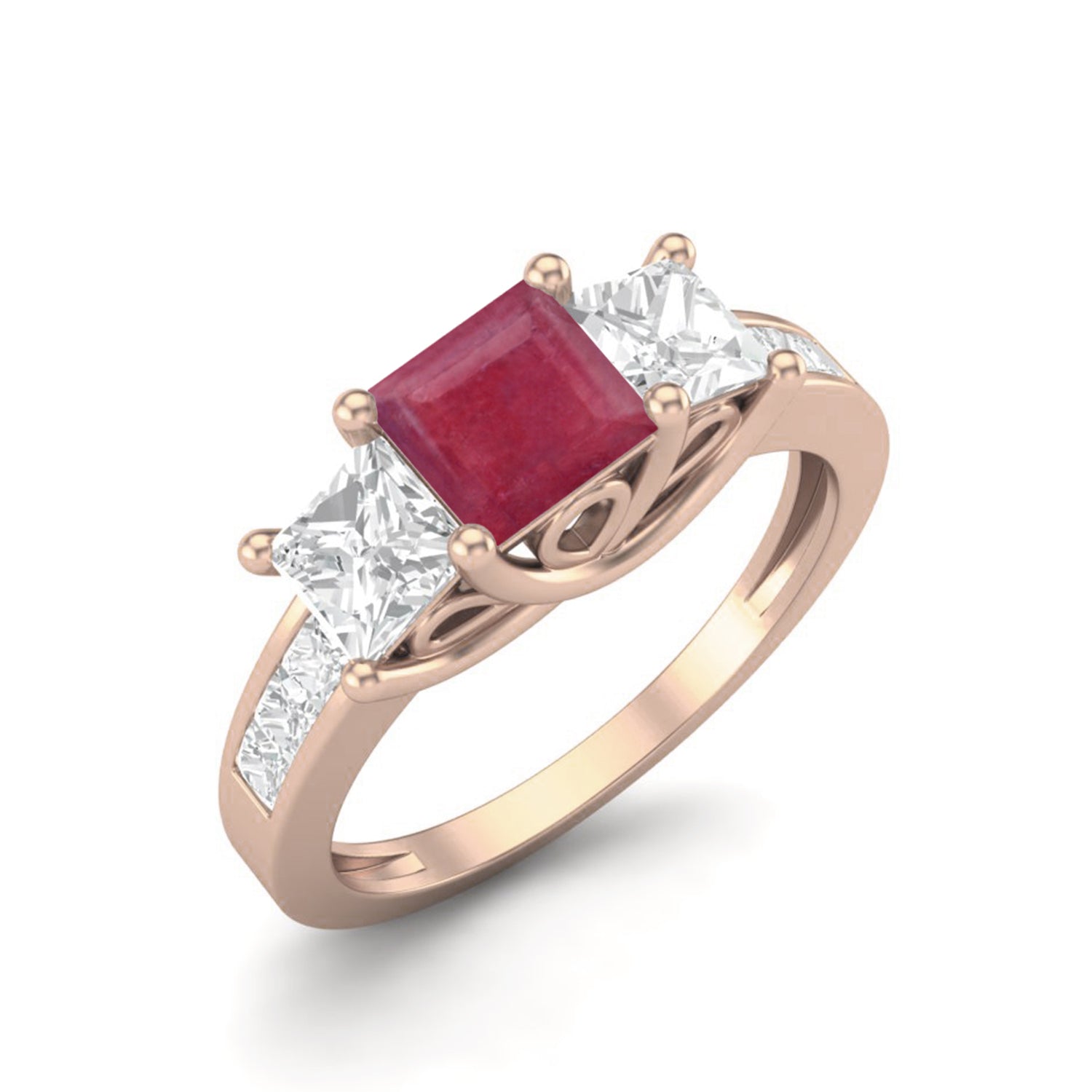 Ruby 0.75 Ct Square Three-Stone Accent Ring - 14k Yellow Gold