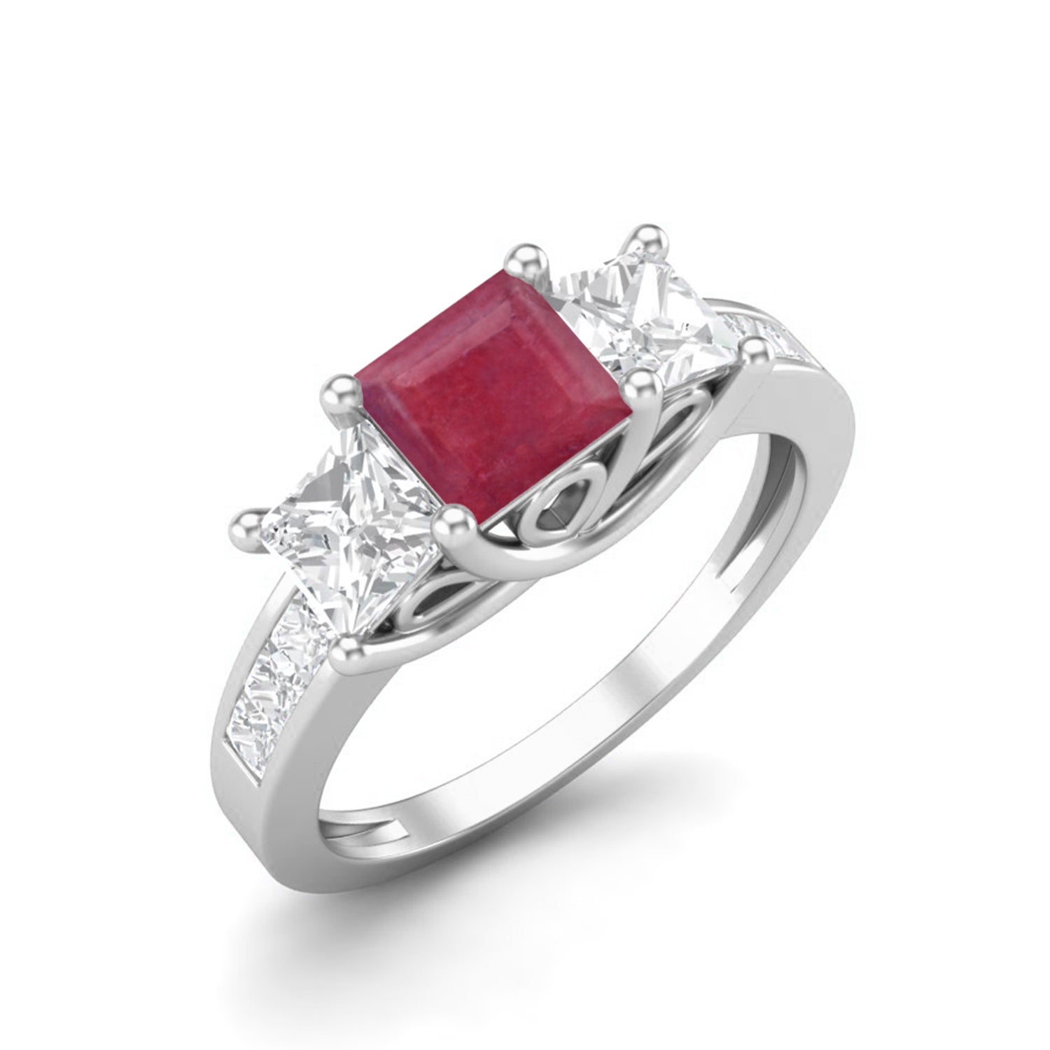 Ruby 0.75 Ct Square Three-Stone Accent Ring - 14k Yellow Gold