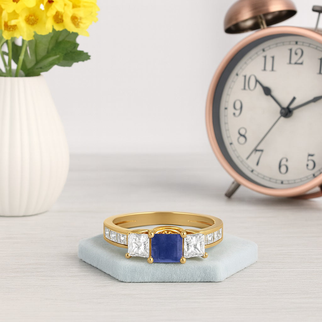 Blue Sapphire 0.75 Ct Square Three-Stone Ring - 14k Yellow Gold