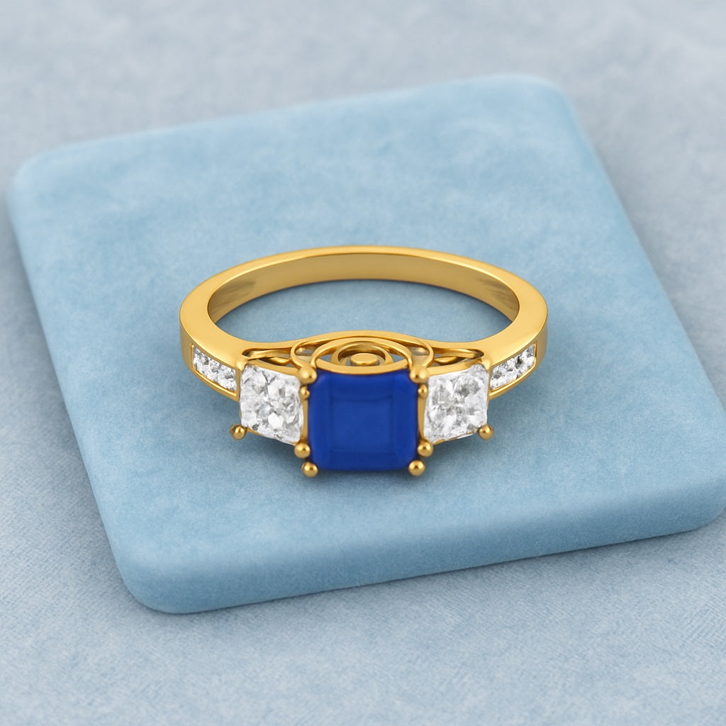Blue Sapphire 0.75 Ct Square Three-Stone Ring - 14k Yellow Gold