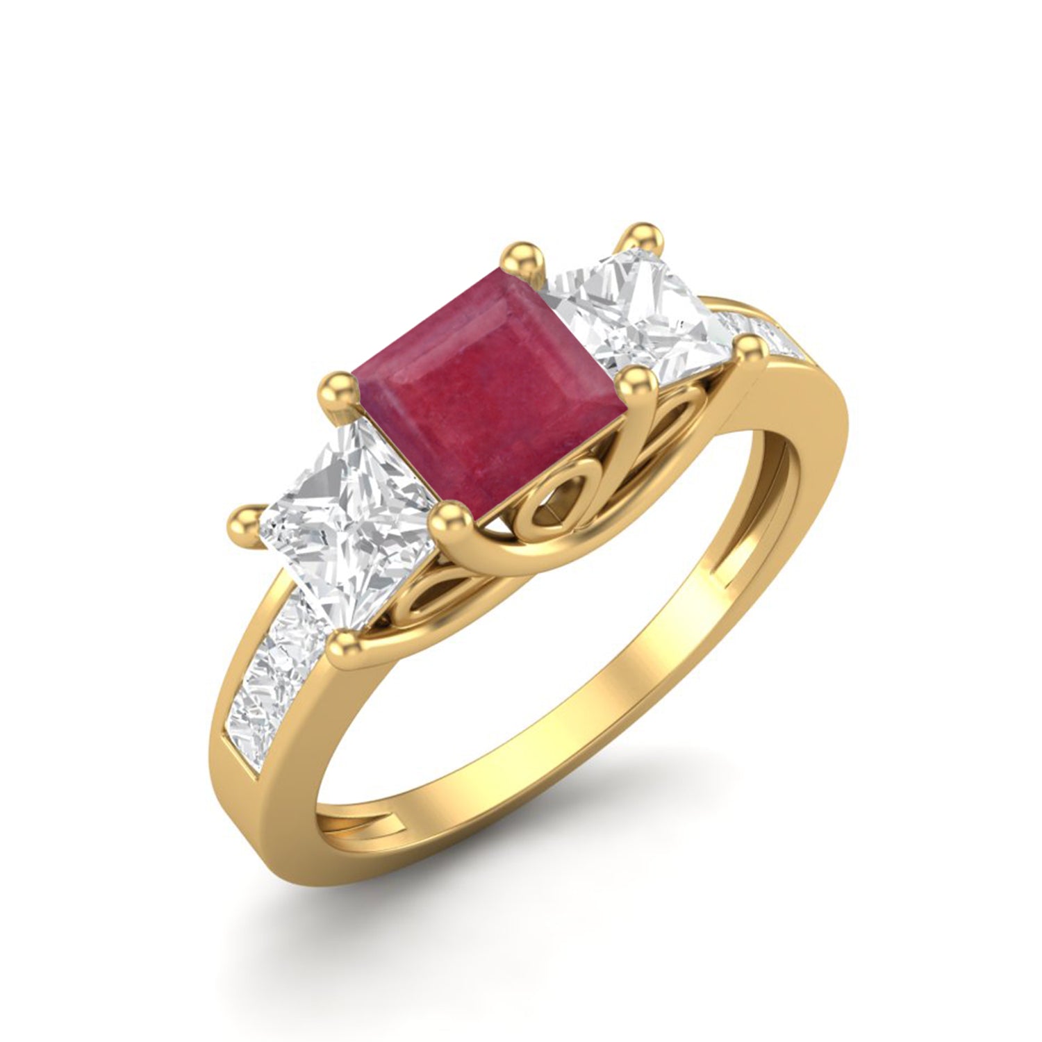 Ruby 0.75 Ct Square Three-Stone Accent Ring - 14k Yellow Gold