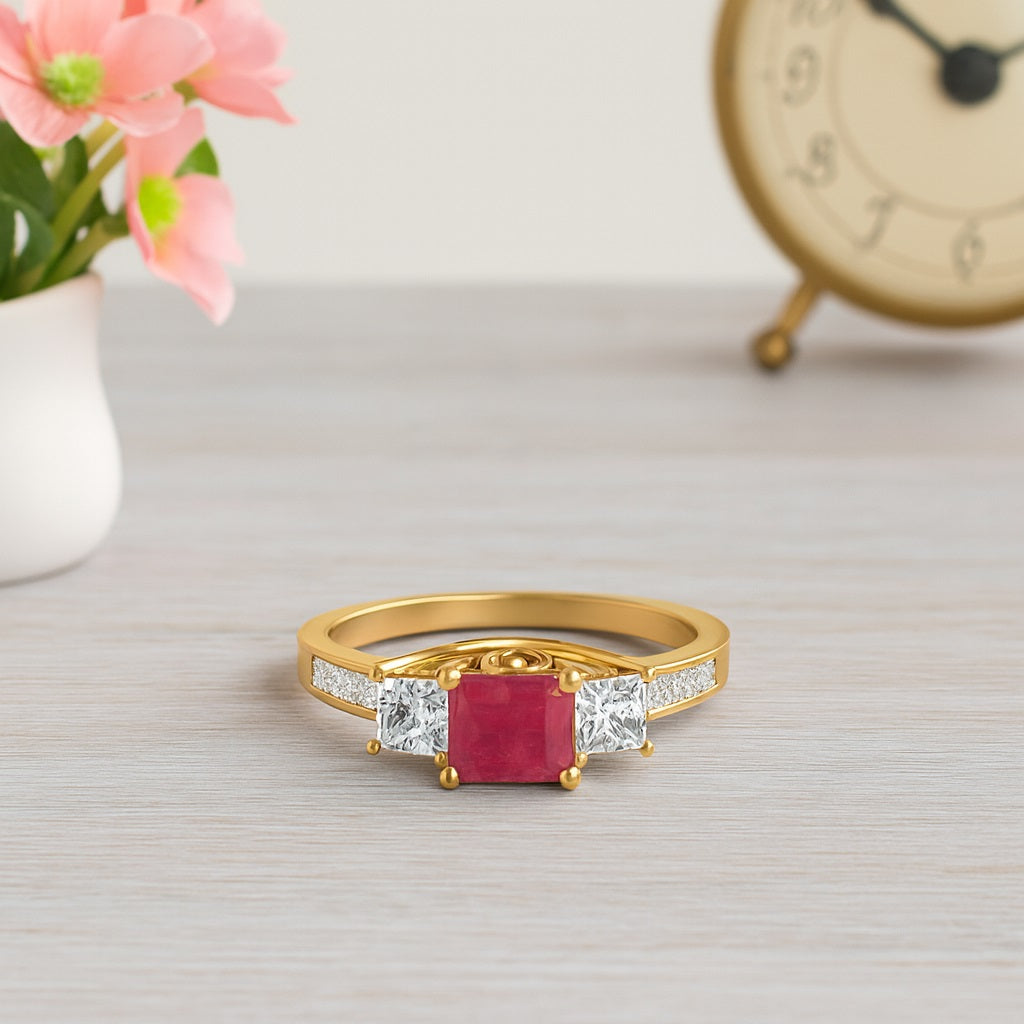 Ruby 0.75 Ct Square Three-Stone Accent Ring - 14k Yellow Gold