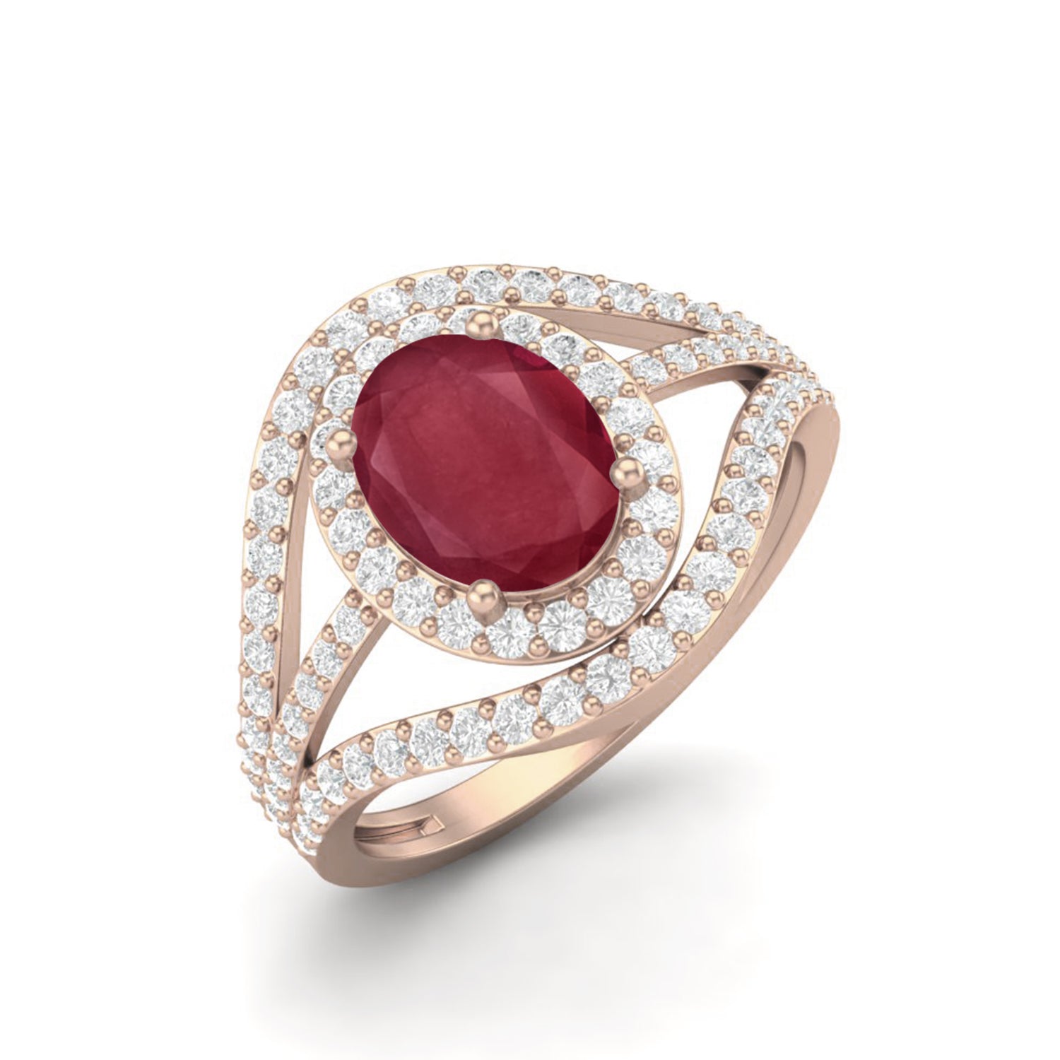 Ruby 1.50 Ct Oval Double Halo Split Shank Ring - 14k Fine Yellow Gold