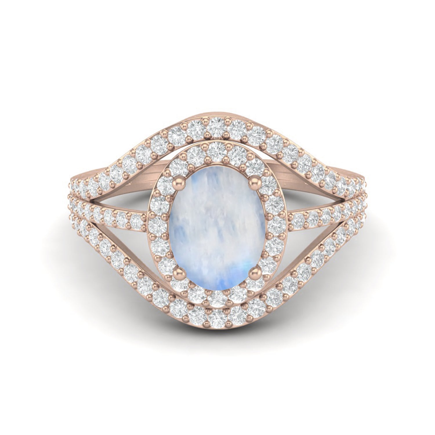 Anello nuziale con alone in argento sterling 925 a tre strati con pietra di luna solitaria a taglio ovale