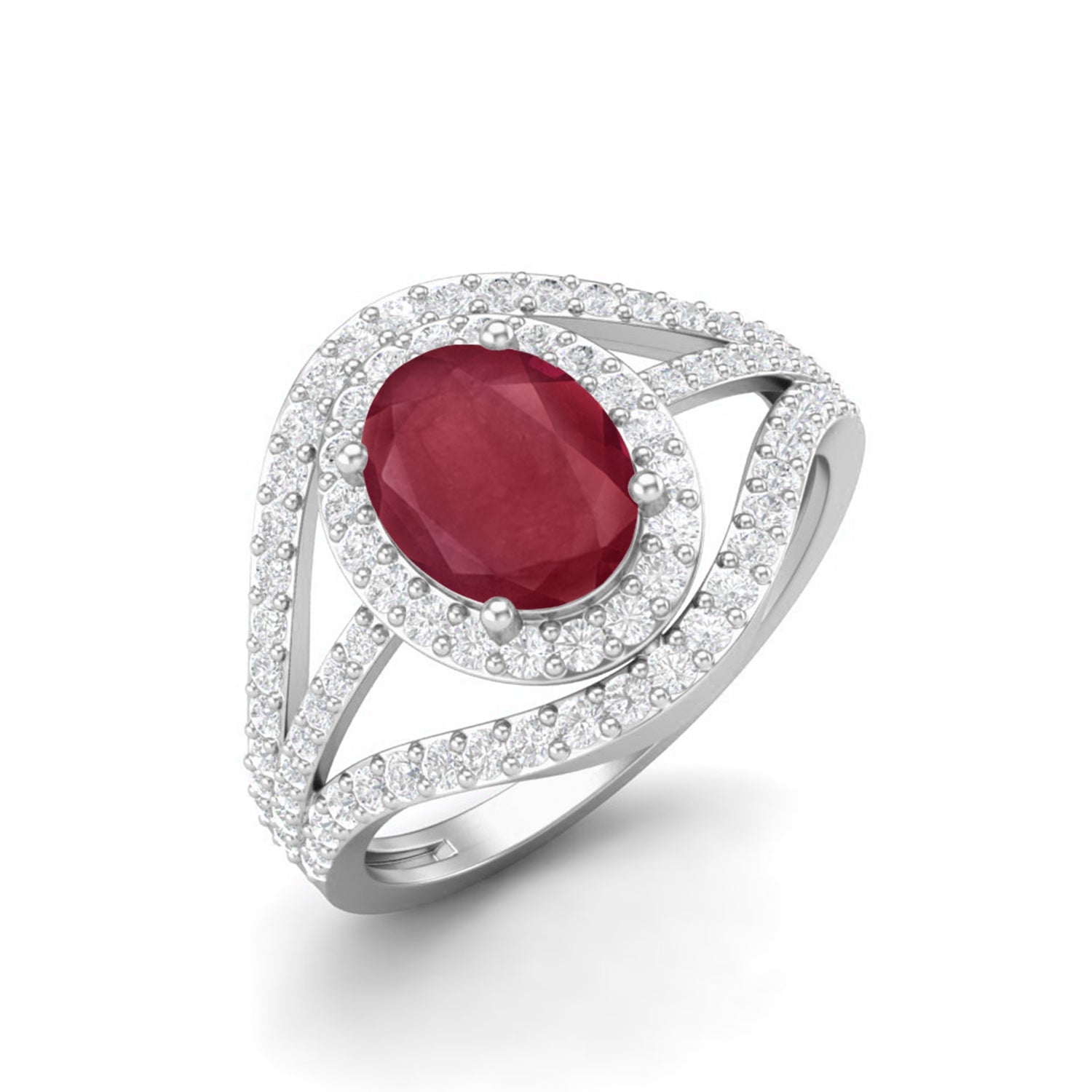 Ruby 1.50 Ct Oval Double Halo Split Shank Ring - 14k Fine Yellow Gold