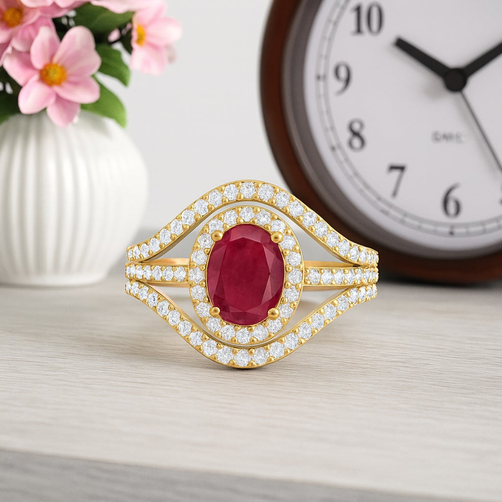 Ruby 1.50 Ct Oval Double Halo Split Shank Ring - 14k Fine Yellow Gold