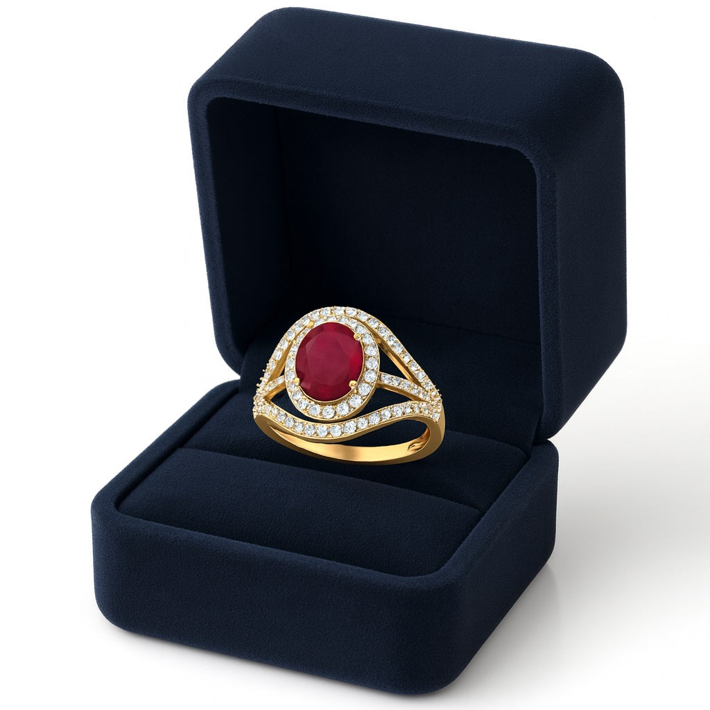 Ruby 1.50 Ct Oval Double Halo Split Shank Ring - 14k Fine Yellow Gold