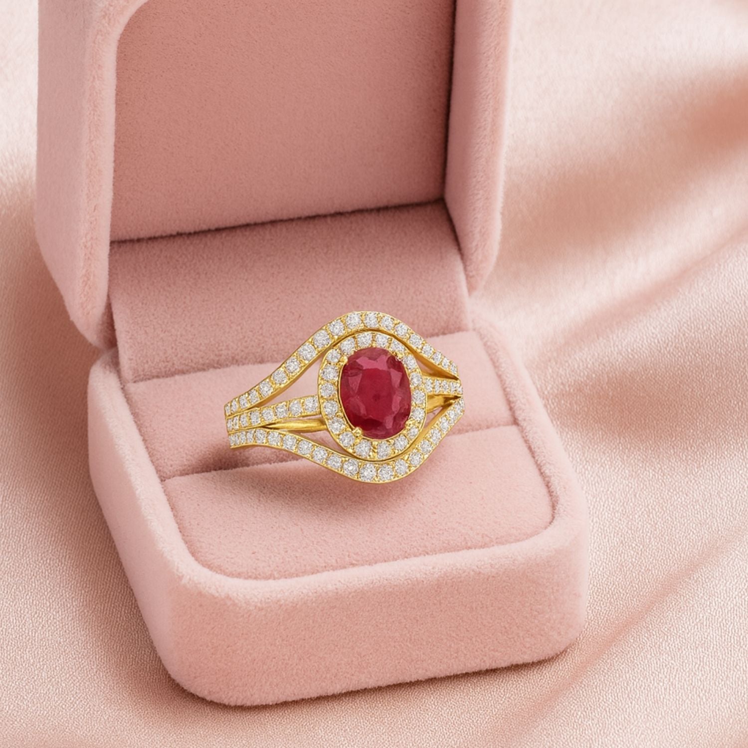 Ruby 1.50 Ct Oval Double Halo Split Shank Ring - 14k Fine Yellow Gold