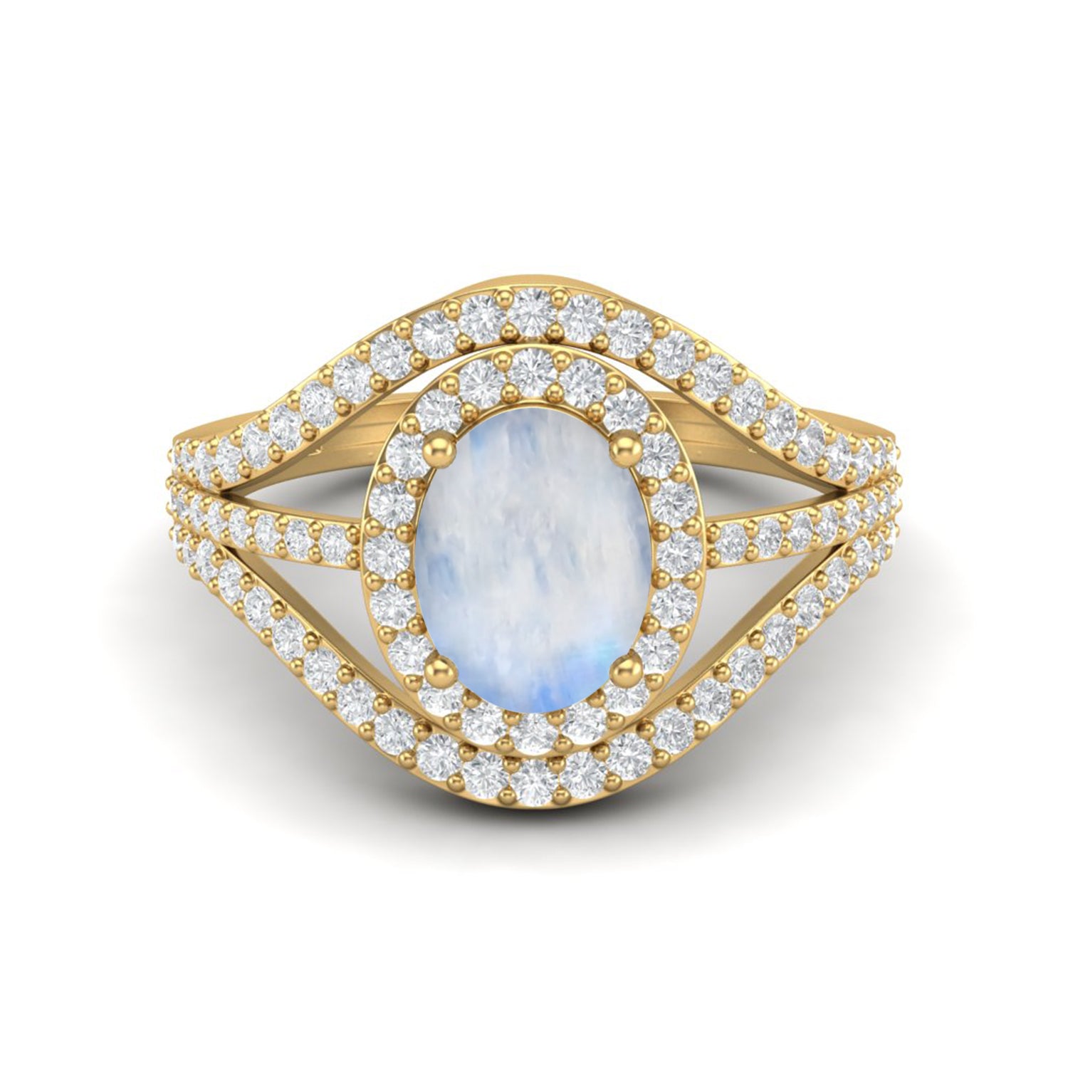 Anello nuziale con alone in argento sterling 925 a tre strati con pietra di luna solitaria a taglio ovale