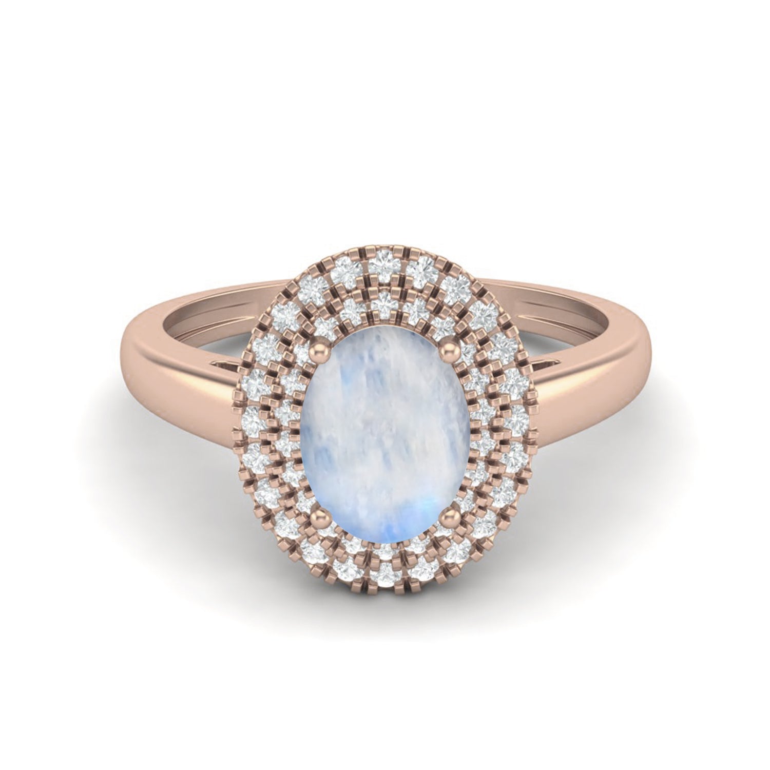 Anello di fidanzamento con alone in argento sterling 925 e solitario in pietra di luna ovale