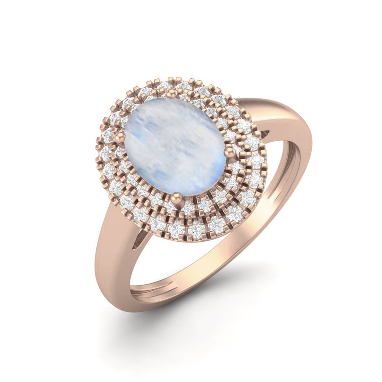 Anello di fidanzamento con alone in argento sterling 925 e solitario in pietra di luna ovale