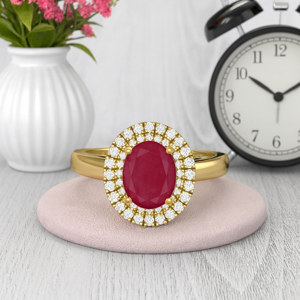 Ruby 0.75 Ct Oval Double Halo Classic Ring – 14k Yellow Gold