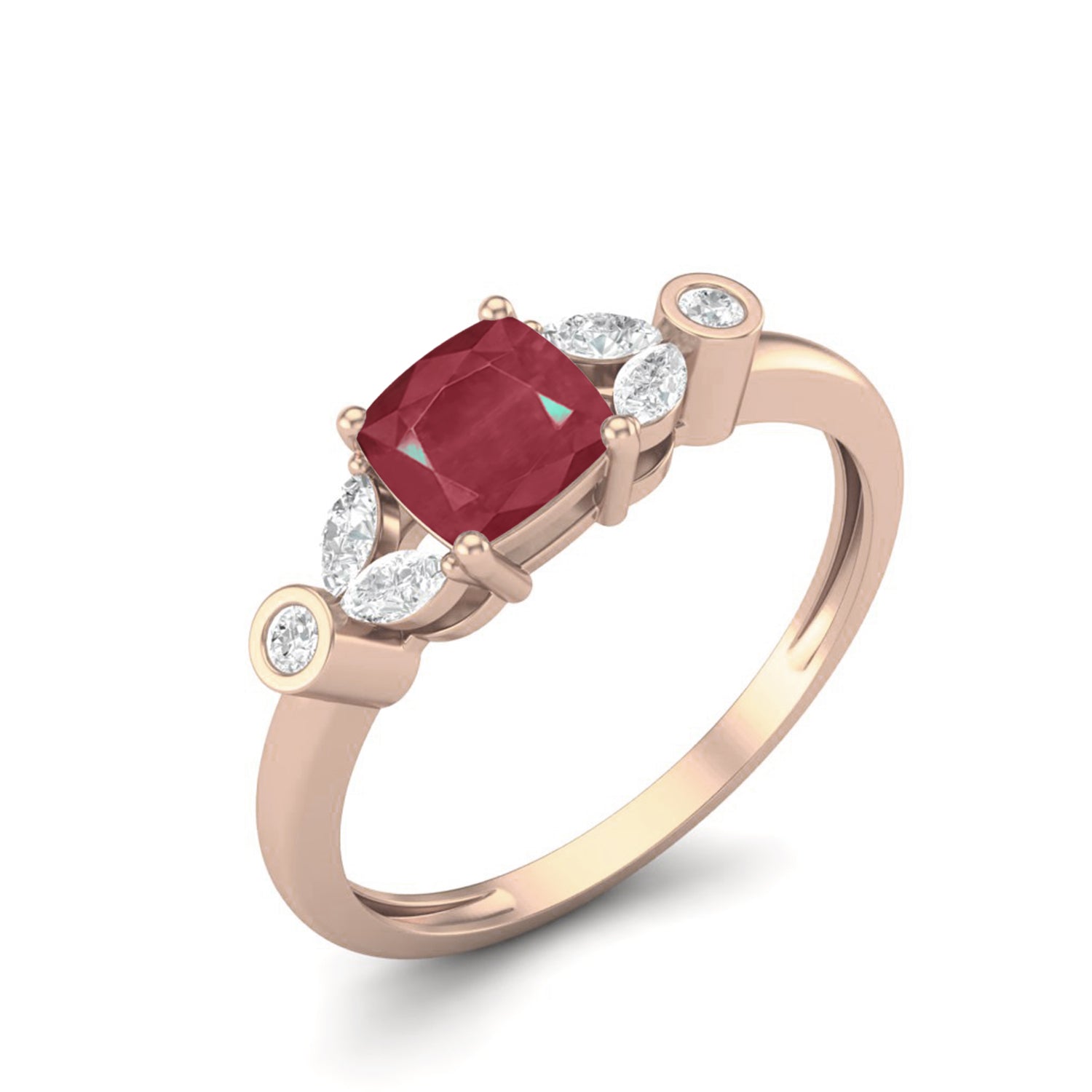 Ruby 0.75 Ct Cushion Side Accent Ring – 14k Yellow Gold