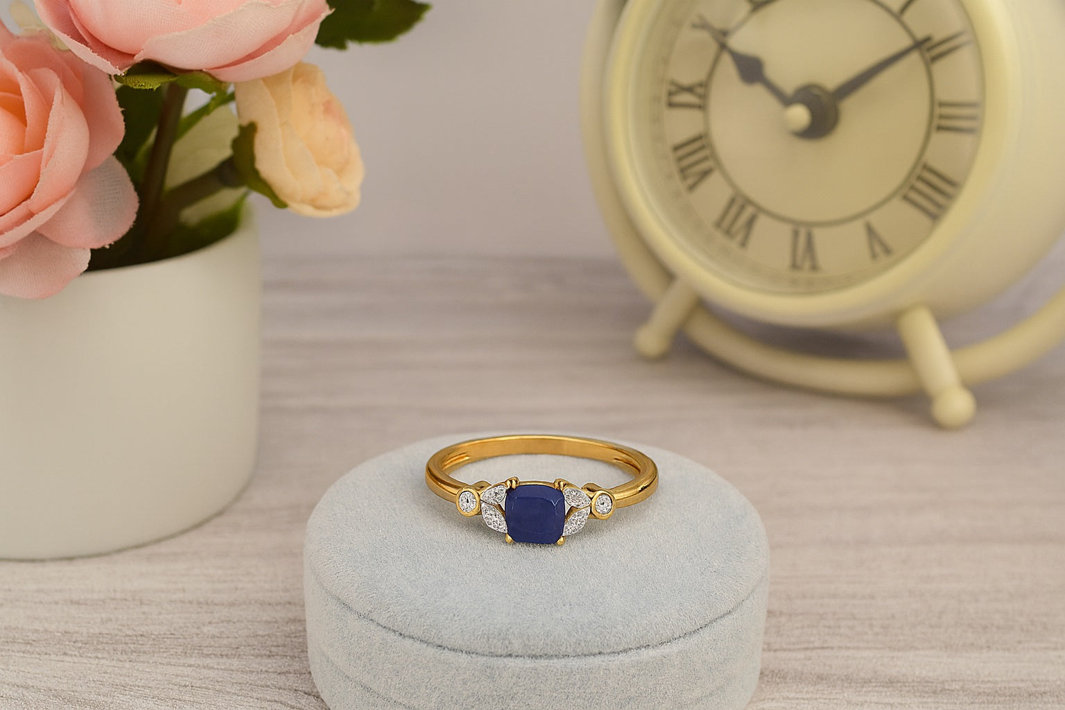 Blue Sapphire Cushion 0.75 Ct Marquise Accents Ring - 14k Yellow Gold