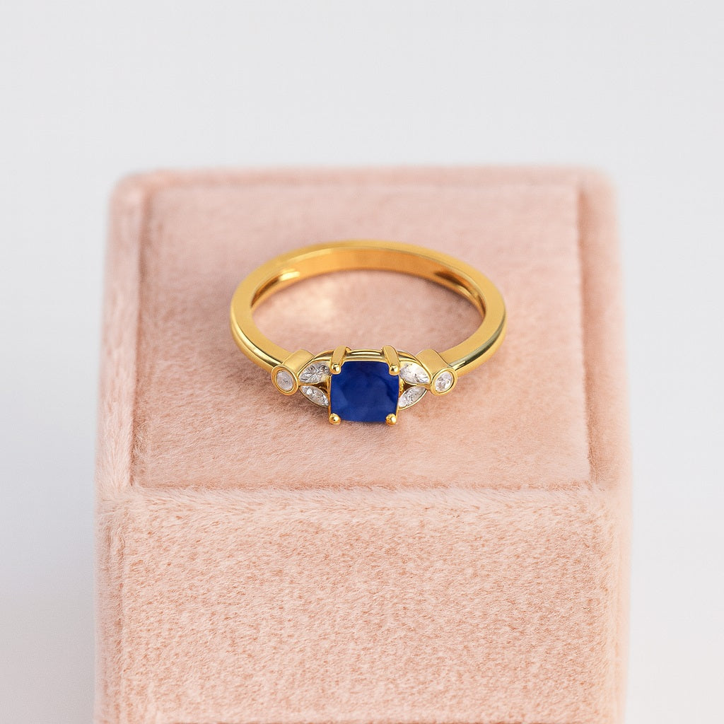 Blue Sapphire Cushion 0.75 Ct Marquise Accents Ring - 14k Yellow Gold