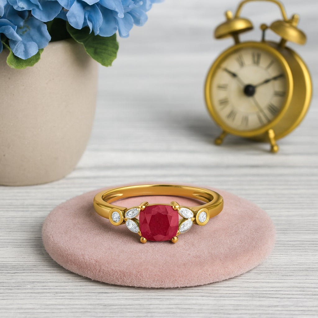 Ruby 0.75 Ct Cushion Side Accent Ring – 14k Yellow Gold