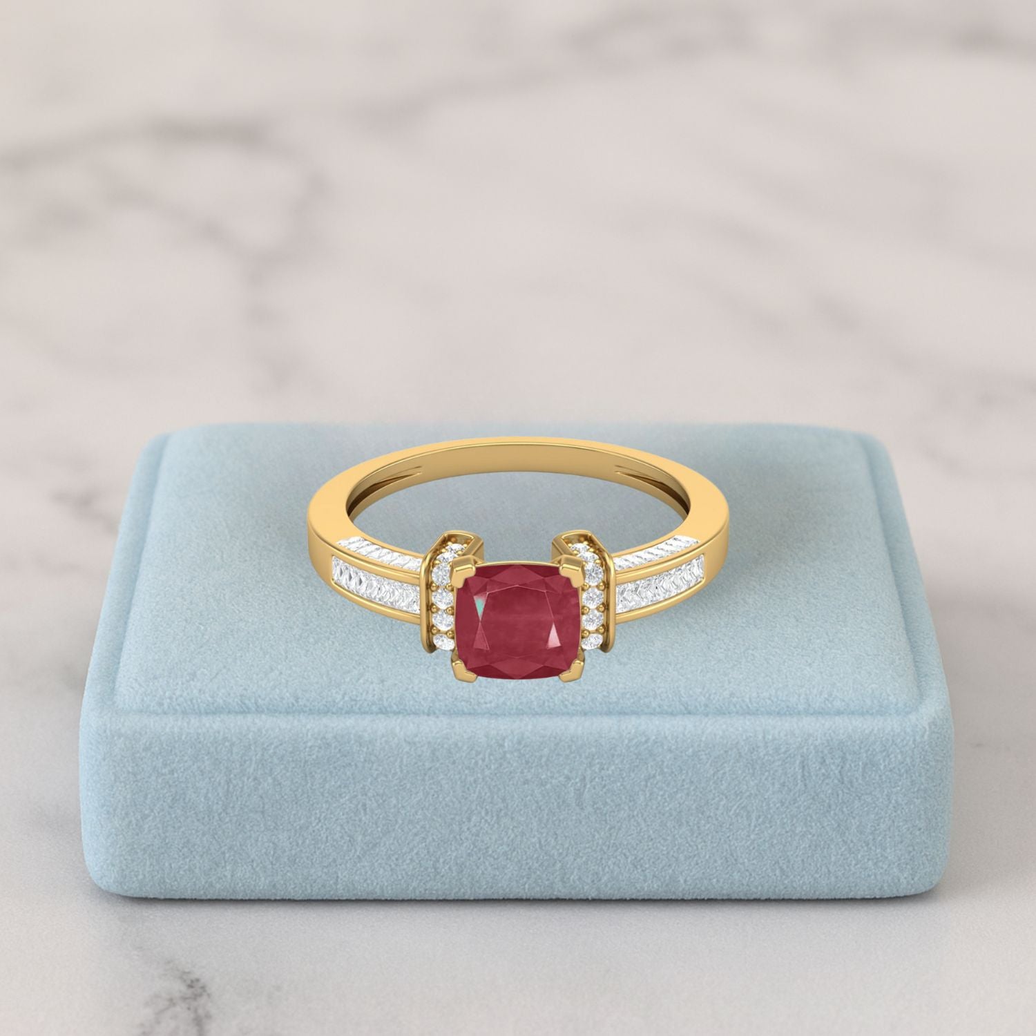 Ruby 1.30 Ct Cushion Pavé Accent Ring – 14k Yellow Gold