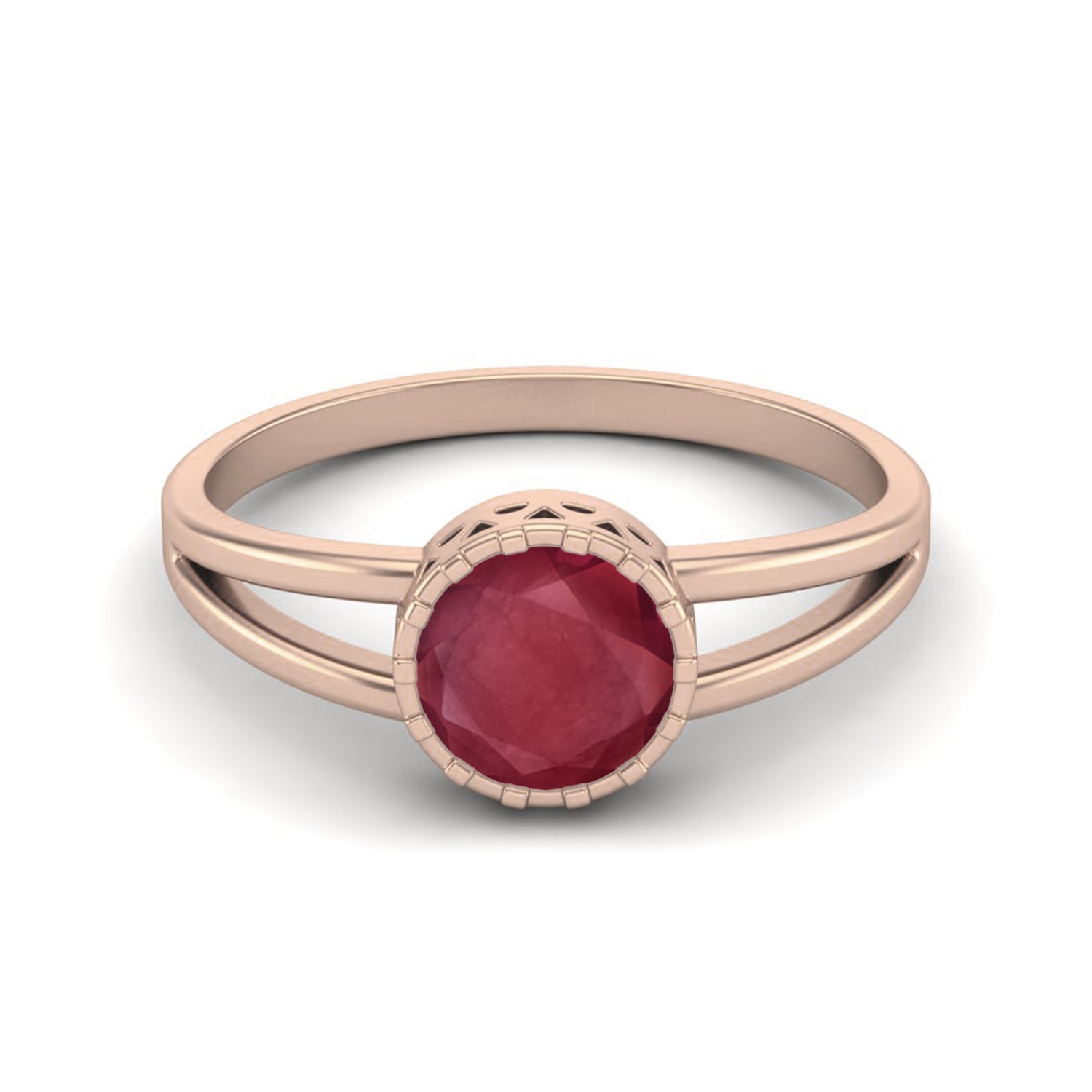 Ruby 0.75 Ct Round Bezel Set Split Shank Ring - 14k Yellow Gold