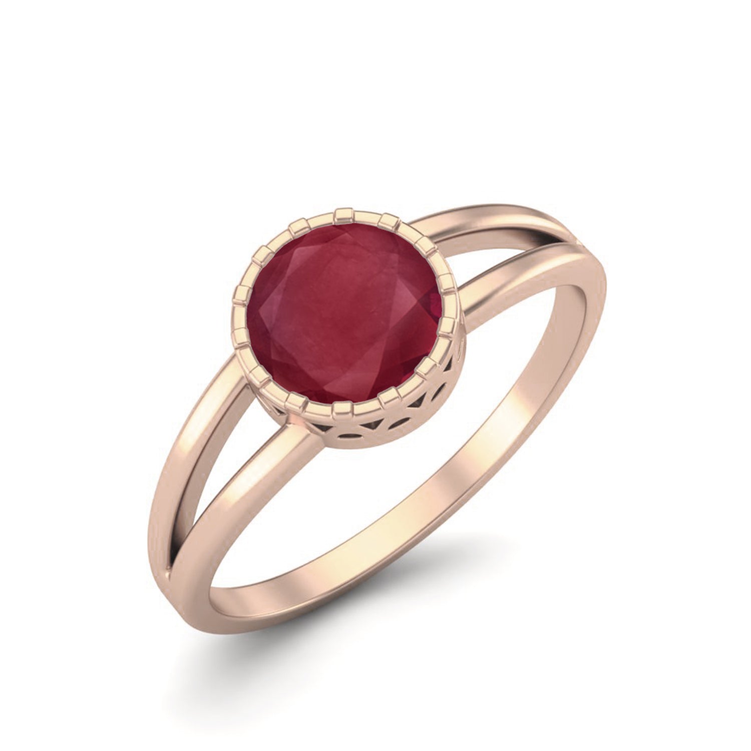Ruby 0.75 Ct Round Bezel Set Split Shank Ring - 14k Yellow Gold
