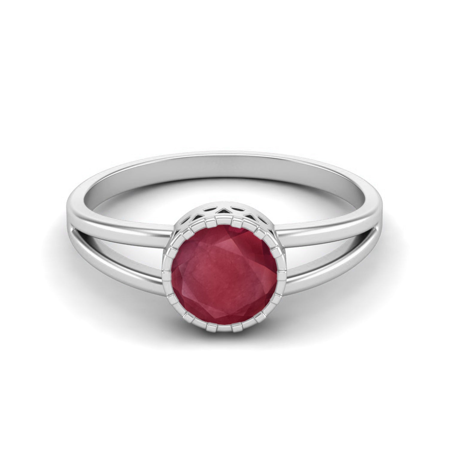 Ruby 0.75 Ct Round Bezel Set Split Shank Ring - 14k Yellow Gold