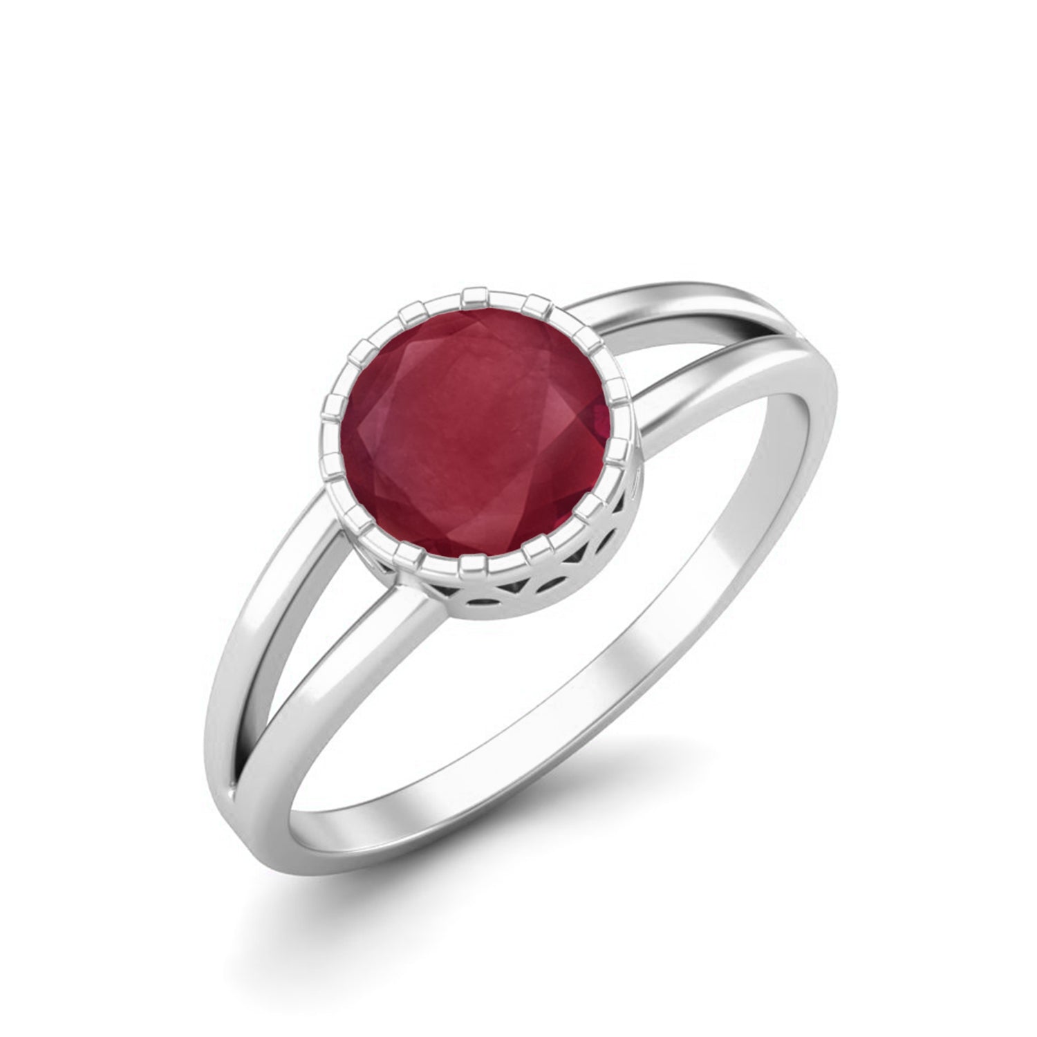 Ruby 0.75 Ct Round Bezel Set Split Shank Ring - 14k Yellow Gold