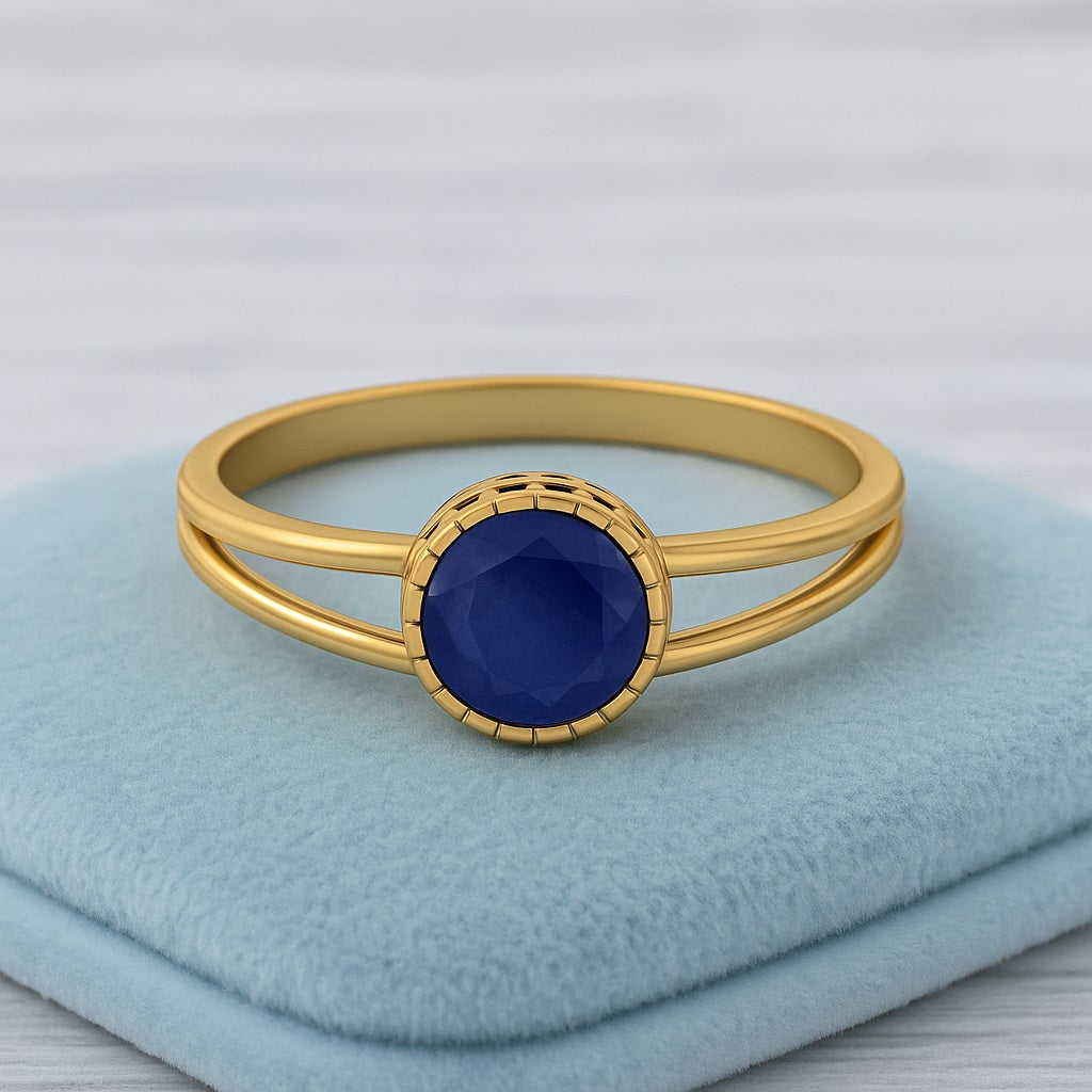 Blue Sapphire 0.75 Ct Round Solitaire Split Shank Ring - 14k Yellow Gold