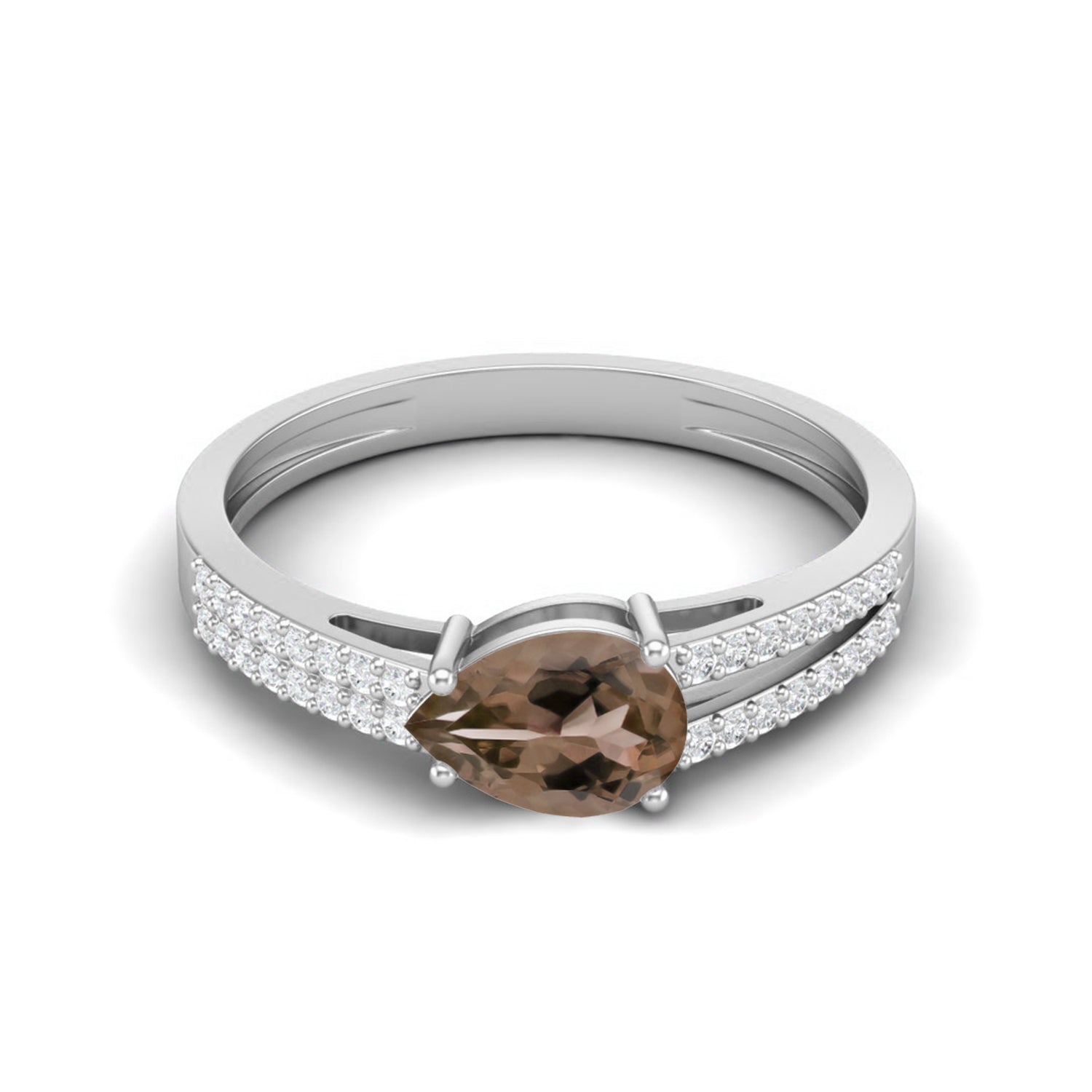 Smoky Quartz 0.75 Ct Pear Shape Pavé Split Shank Ring – 14K Yellow Gold