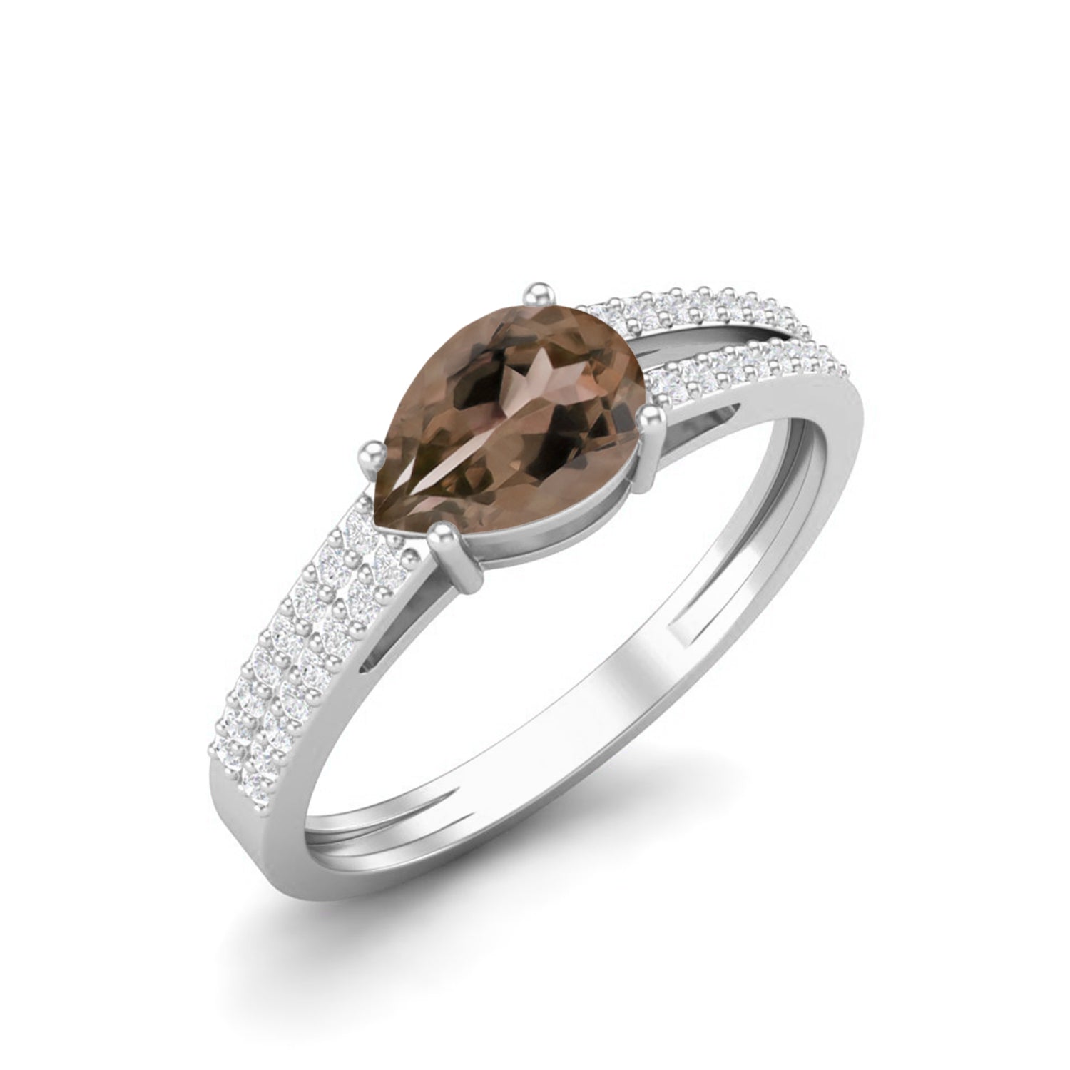 Smoky Quartz 0.75 Ct Pear Shape Pavé Split Shank Ring – 14K Yellow Gold