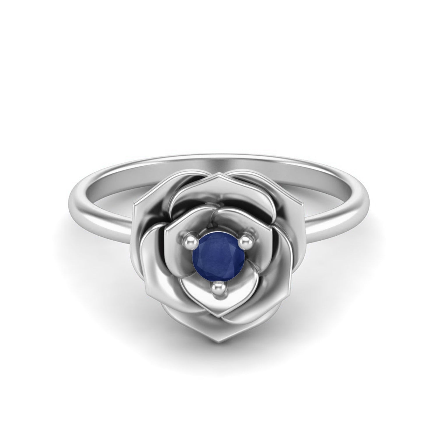 Blue Sapphire Rose Flower Solitaire Ring – Sterling Silver