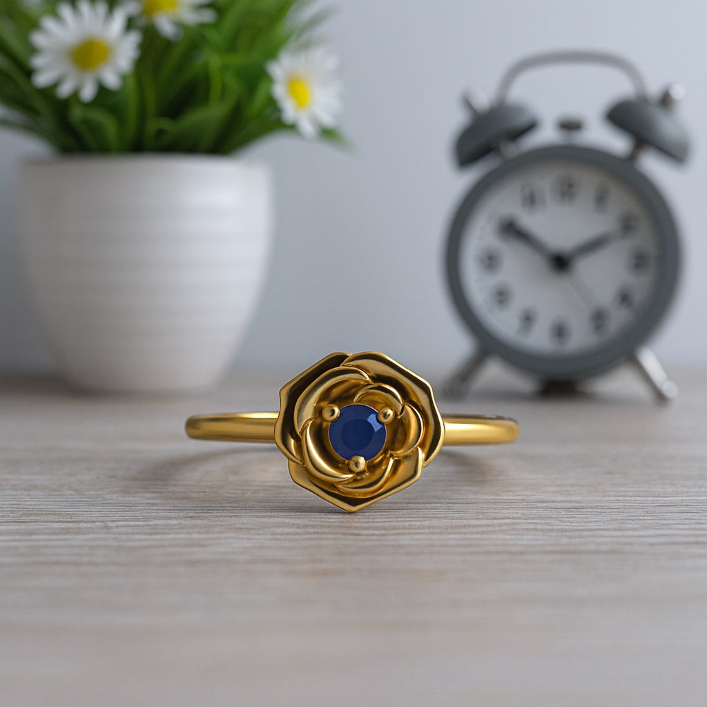 Blue Sapphire 0.10 Ct Round Rose Ring - 14k Yellow Gold