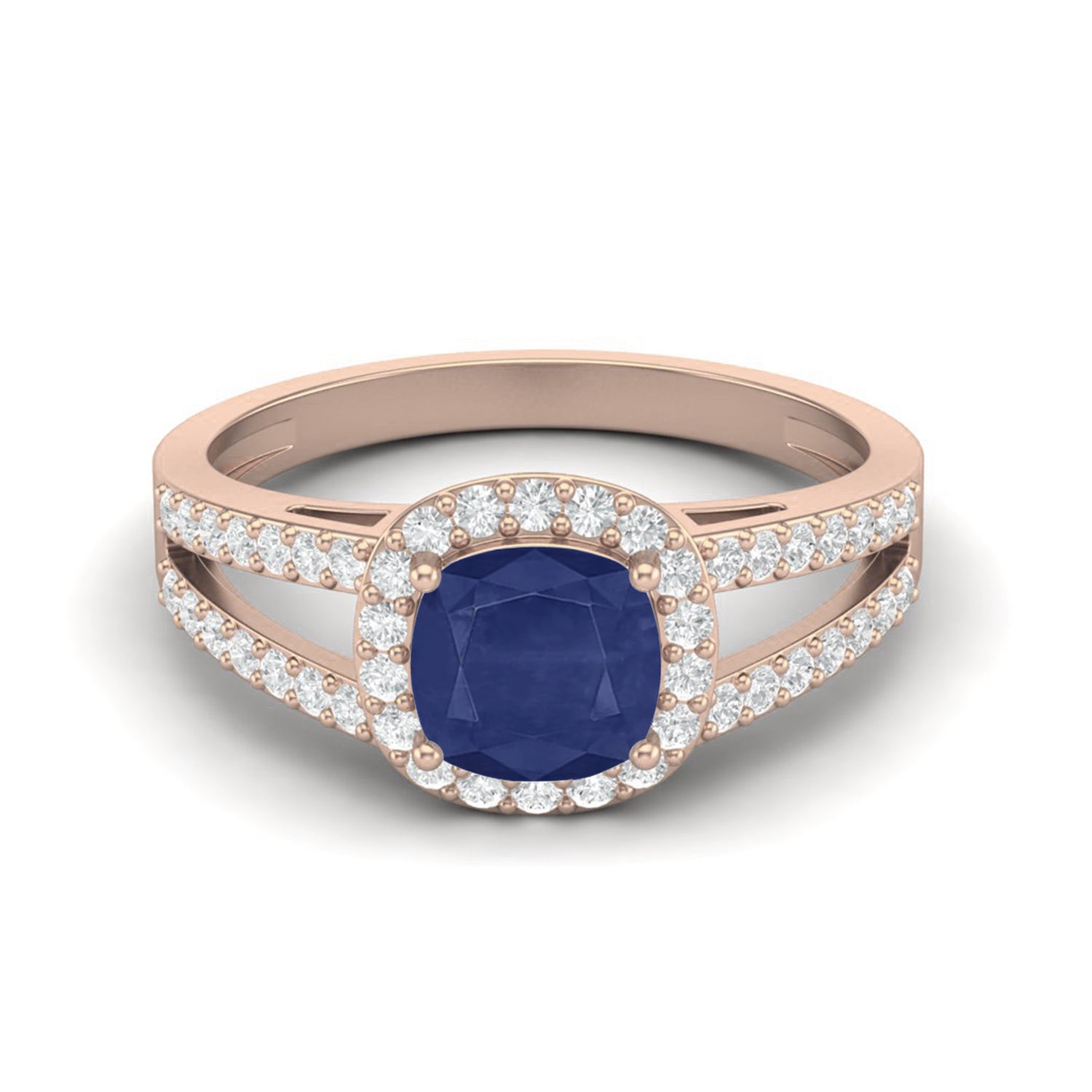 Blue Sapphire Split Shank Halo Ring – Sterling Silver