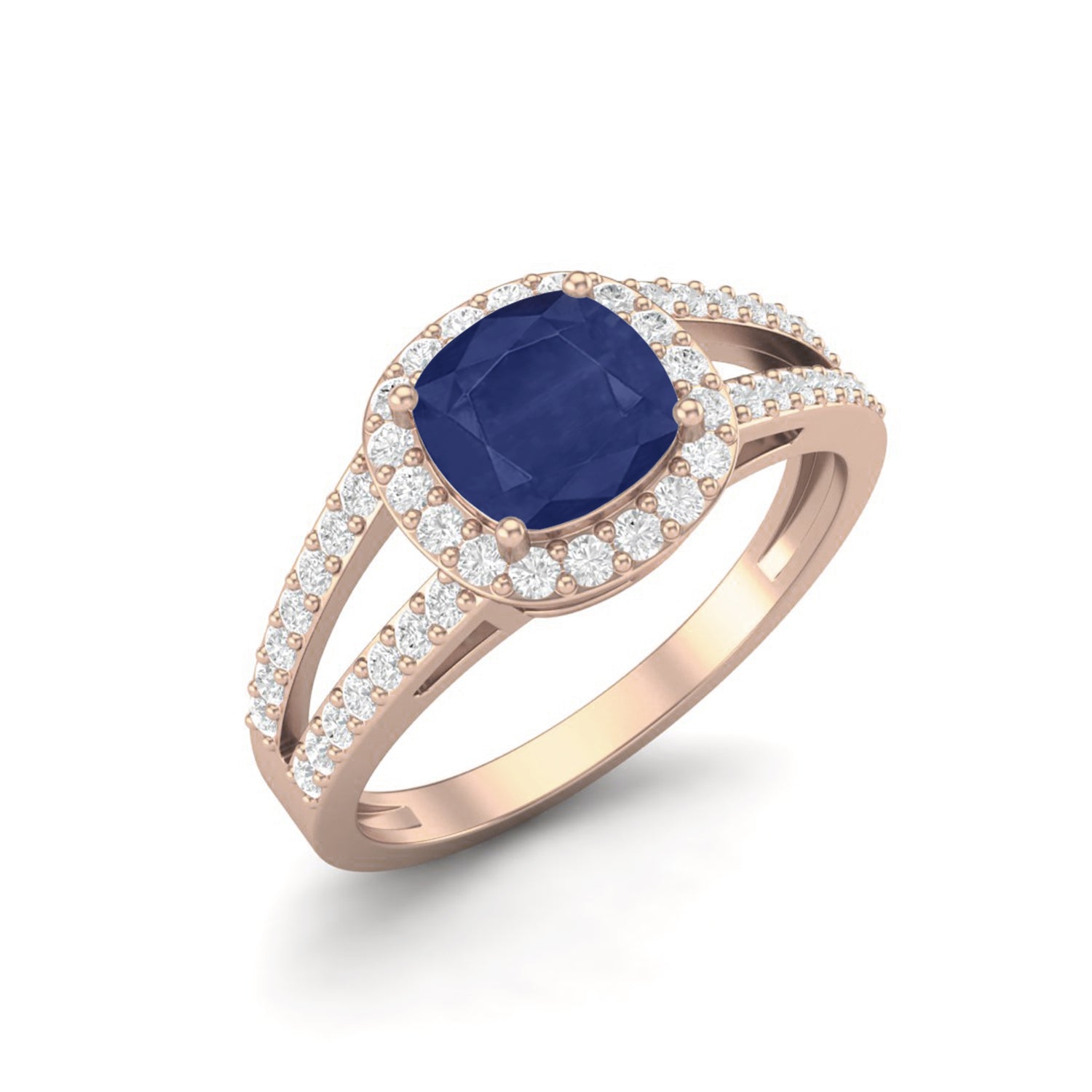 Blue Sapphire Split Shank Halo Ring – Sterling Silver