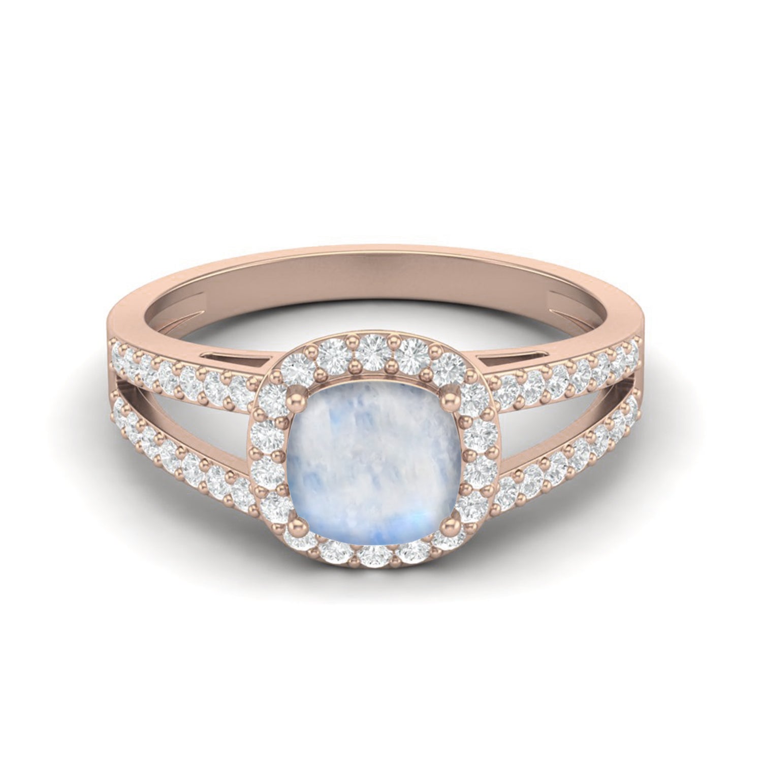 Moonstone Split Shank Halo Ring – Sterling Silver