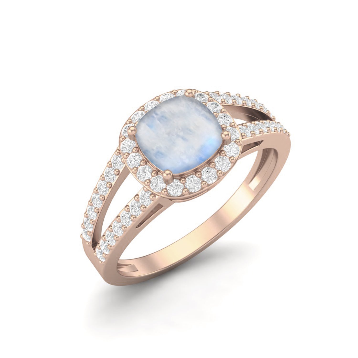 Moonstone Split Shank Halo Ring – Sterling Silver
