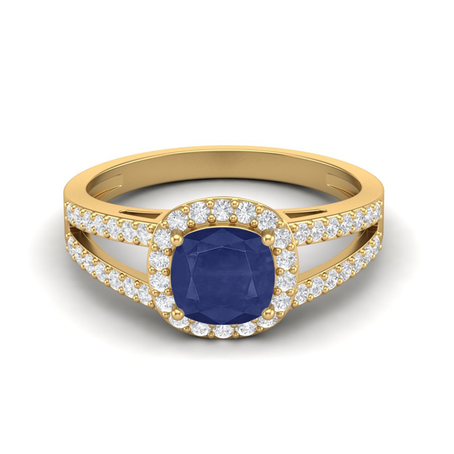 Blue Sapphire Split Shank Halo Ring – Sterling Silver